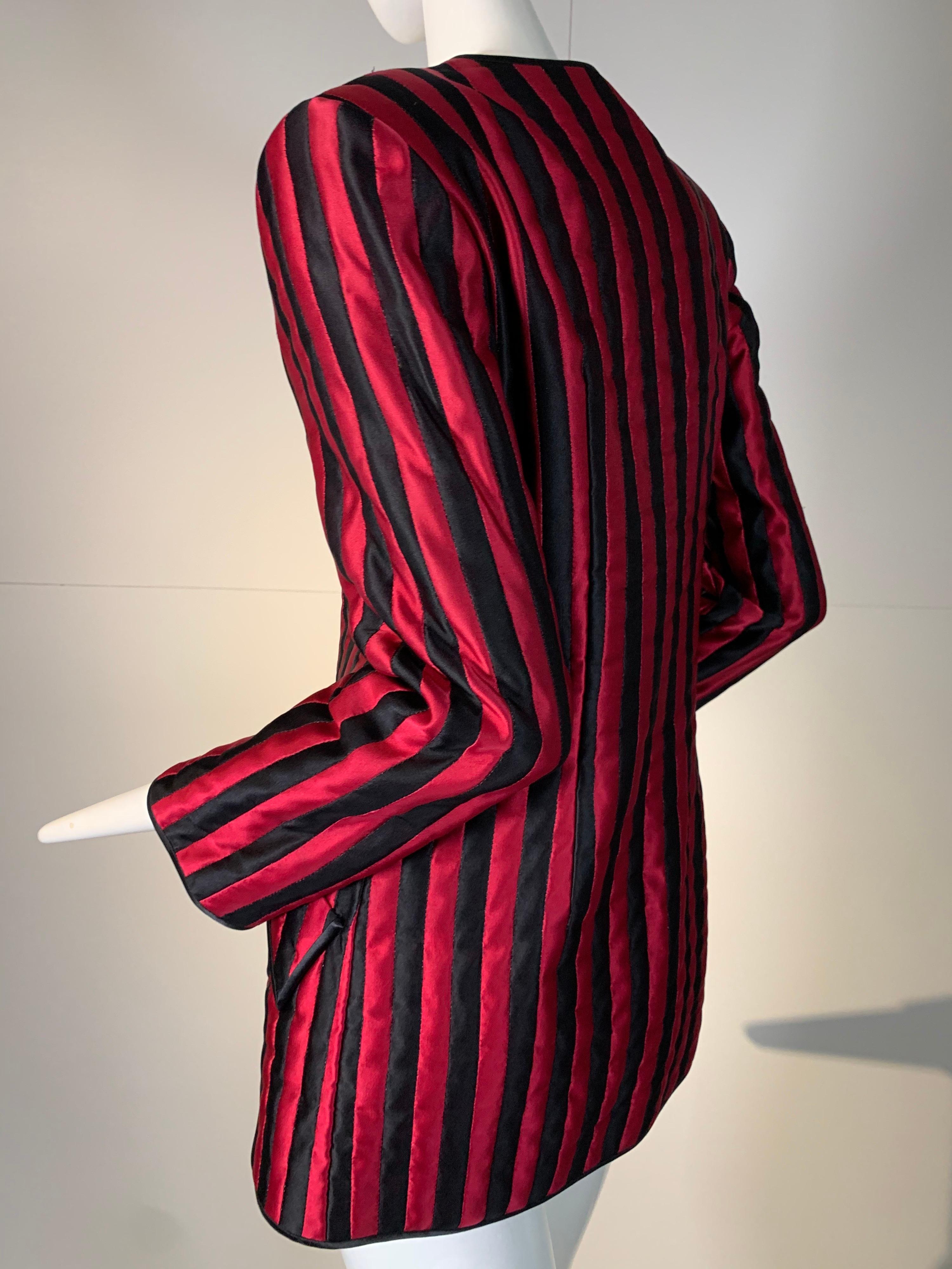 1980 Geoffrey Beene Red & Black Silk Stripe Asymmetrical Zip Smoking Jacket  1