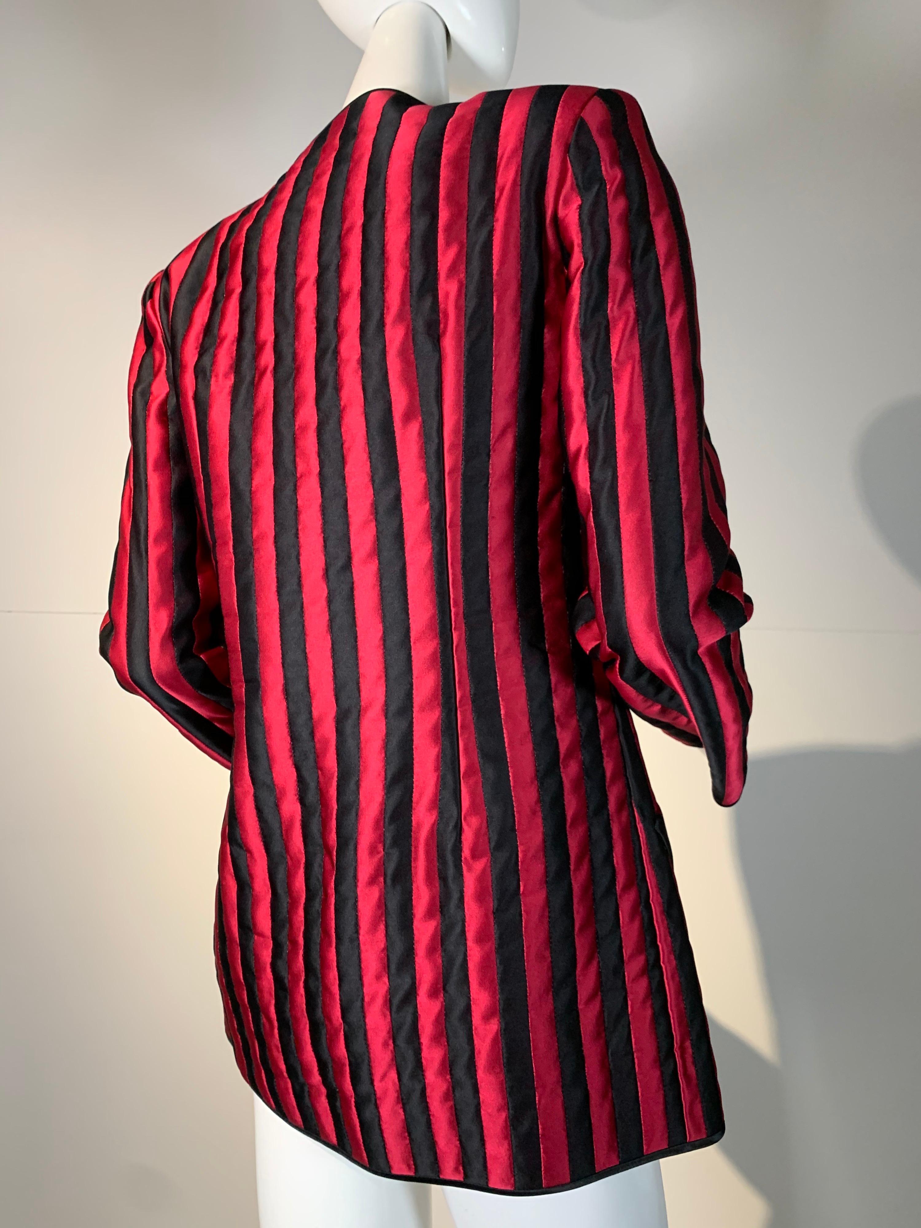 1980 Geoffrey Beene Red & Black Silk Stripe Asymmetrical Zip Smoking Jacket  2