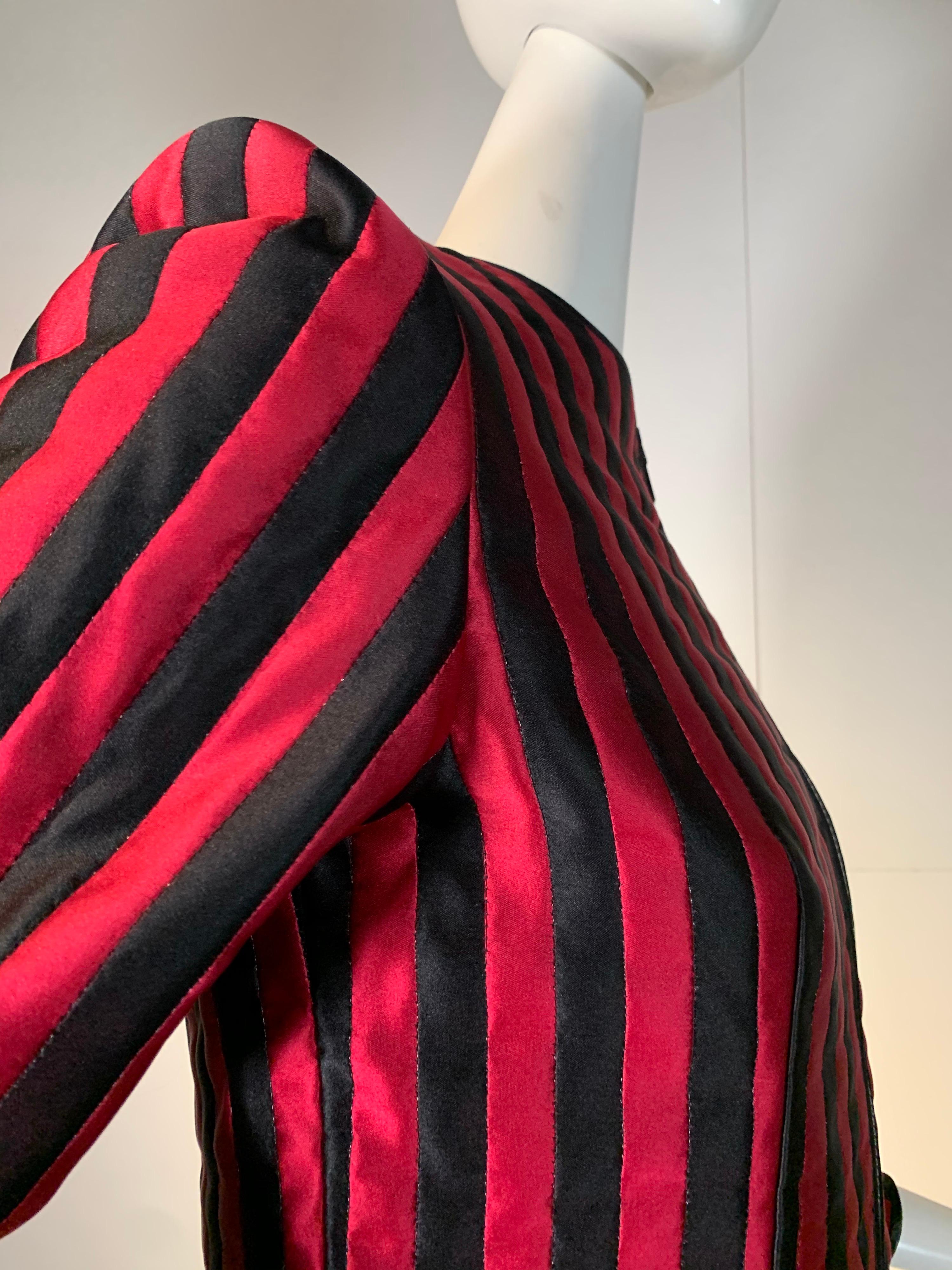 1980 Geoffrey Beene Red & Black Silk Stripe Asymmetrical Zip Smoking Jacket  4