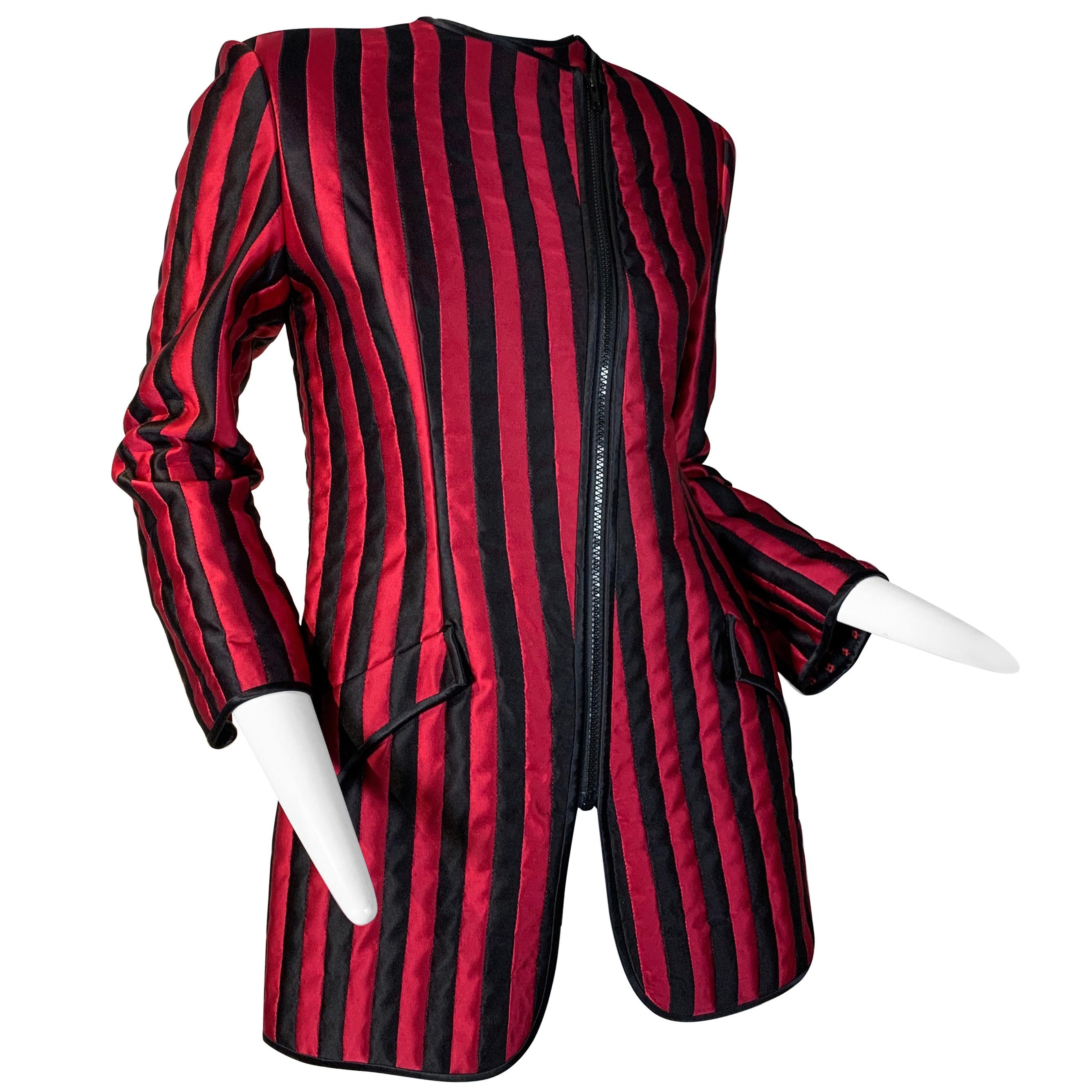 1980 Geoffrey Beene Red 
Black Silk Stripe Asymmetrical Zip Smoking Jacket