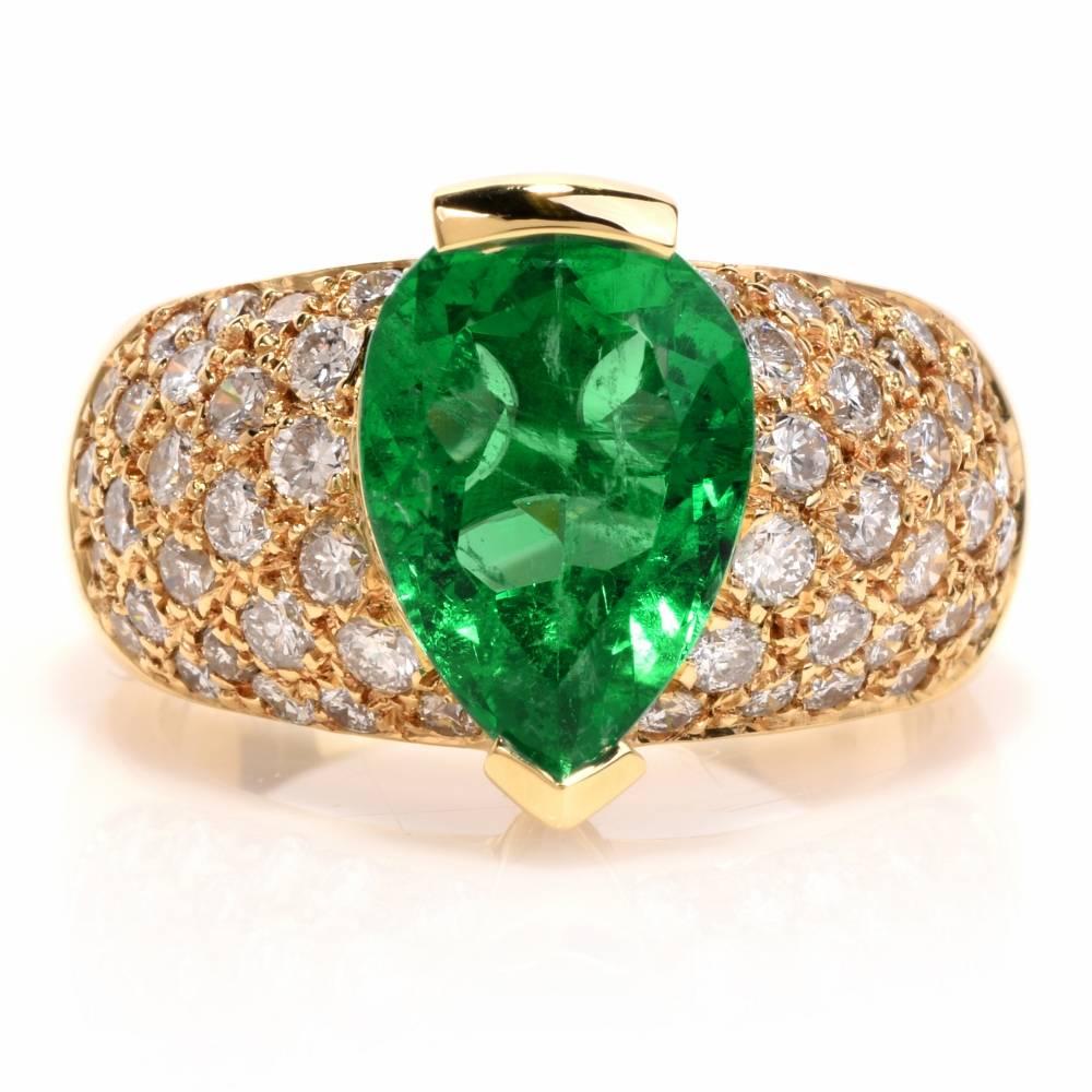 Artisan 1980 GIA Emerald Pave Diamond Yellow Gold Cocktail Ring