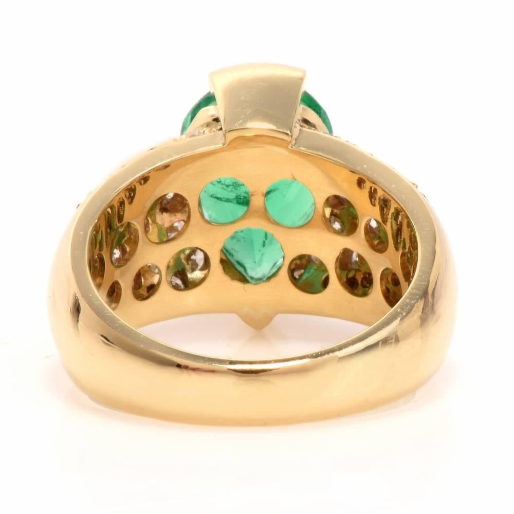 Women's 1980 GIA Emerald Pave Diamond Yellow Gold Cocktail Ring