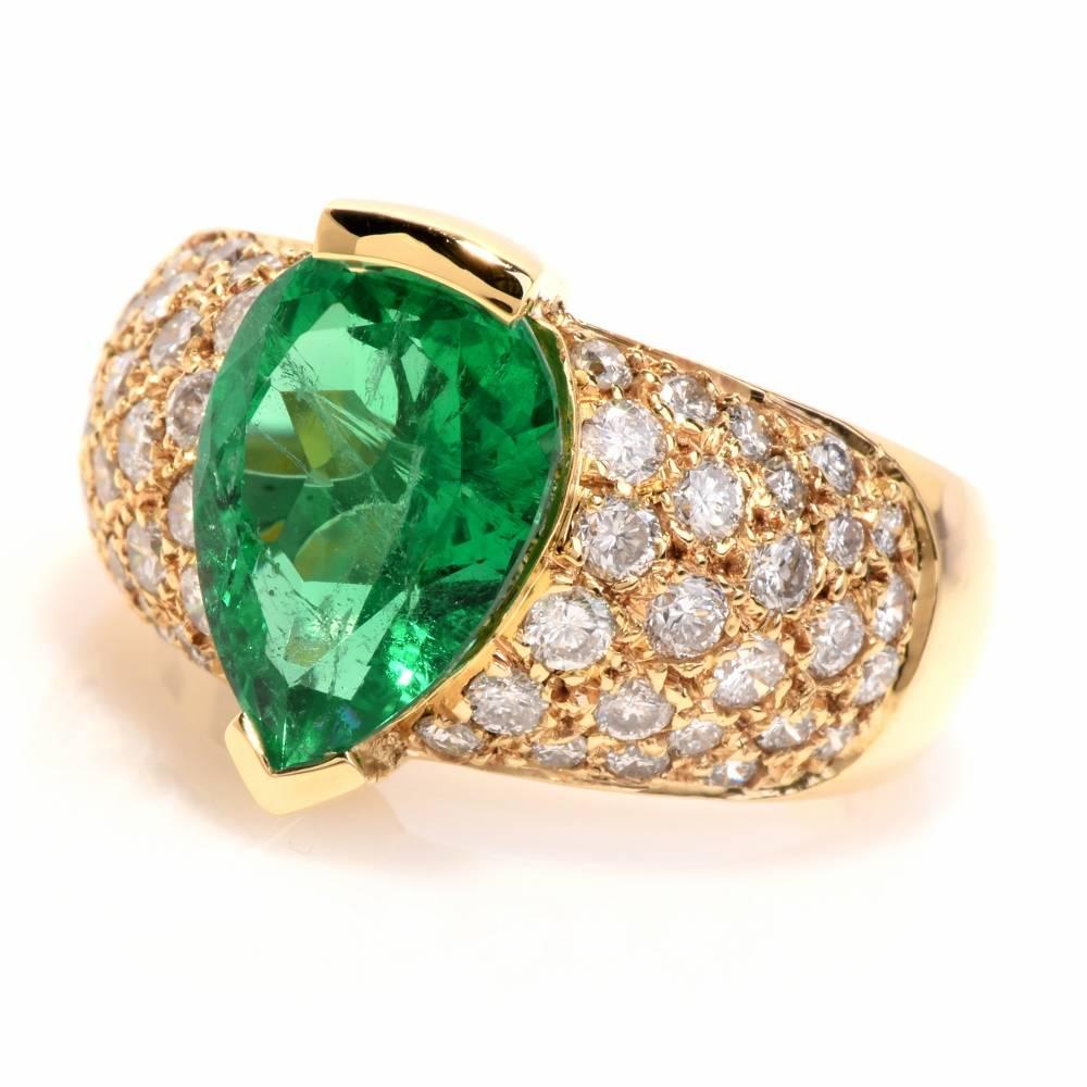 1980 GIA Emerald Pave Diamond Yellow Gold Cocktail Ring 1