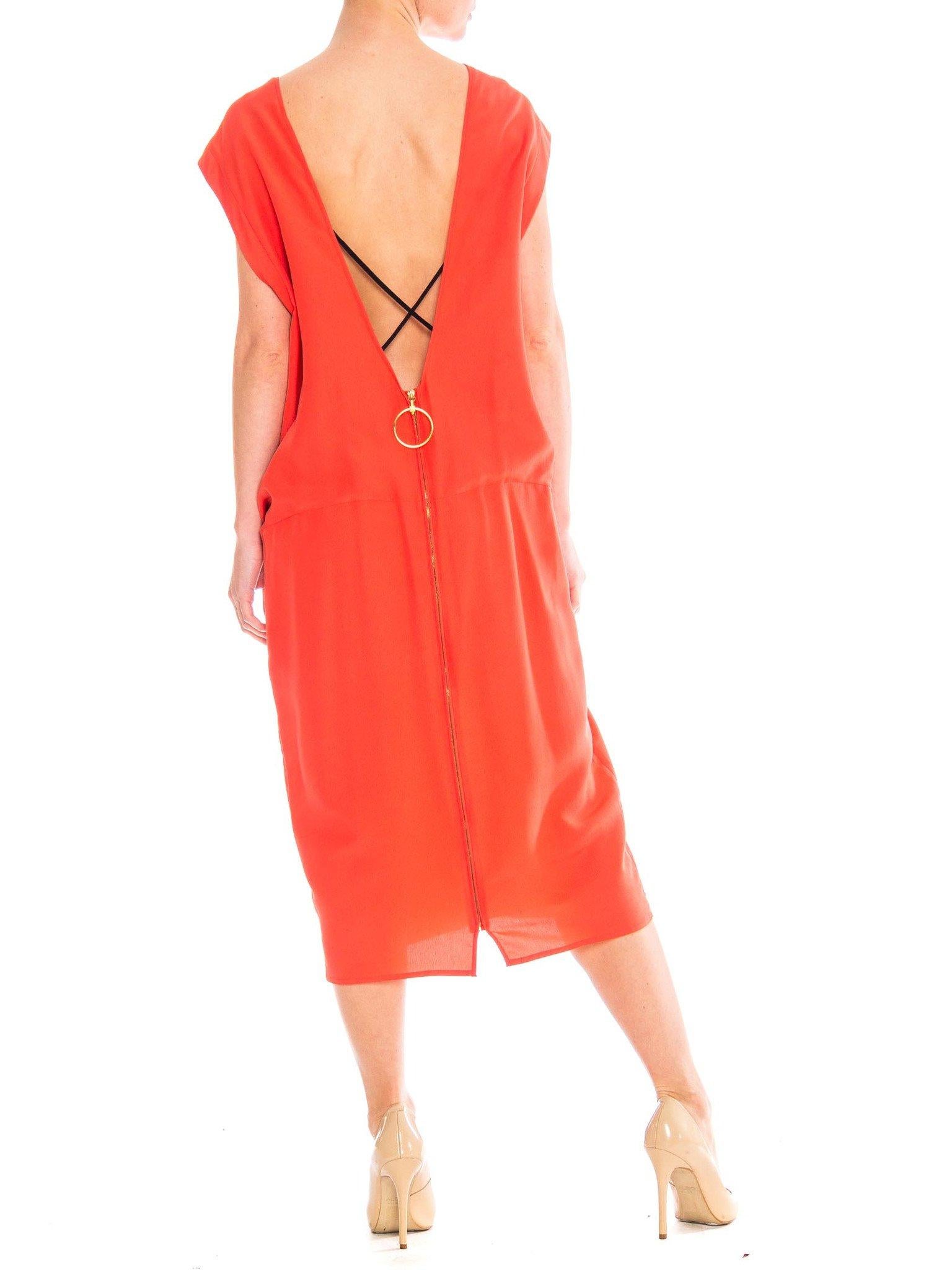 1980 GIANFRANCO FERRE Coral Light Weight Silk Low Back Minimalist Dress For Sale 1
