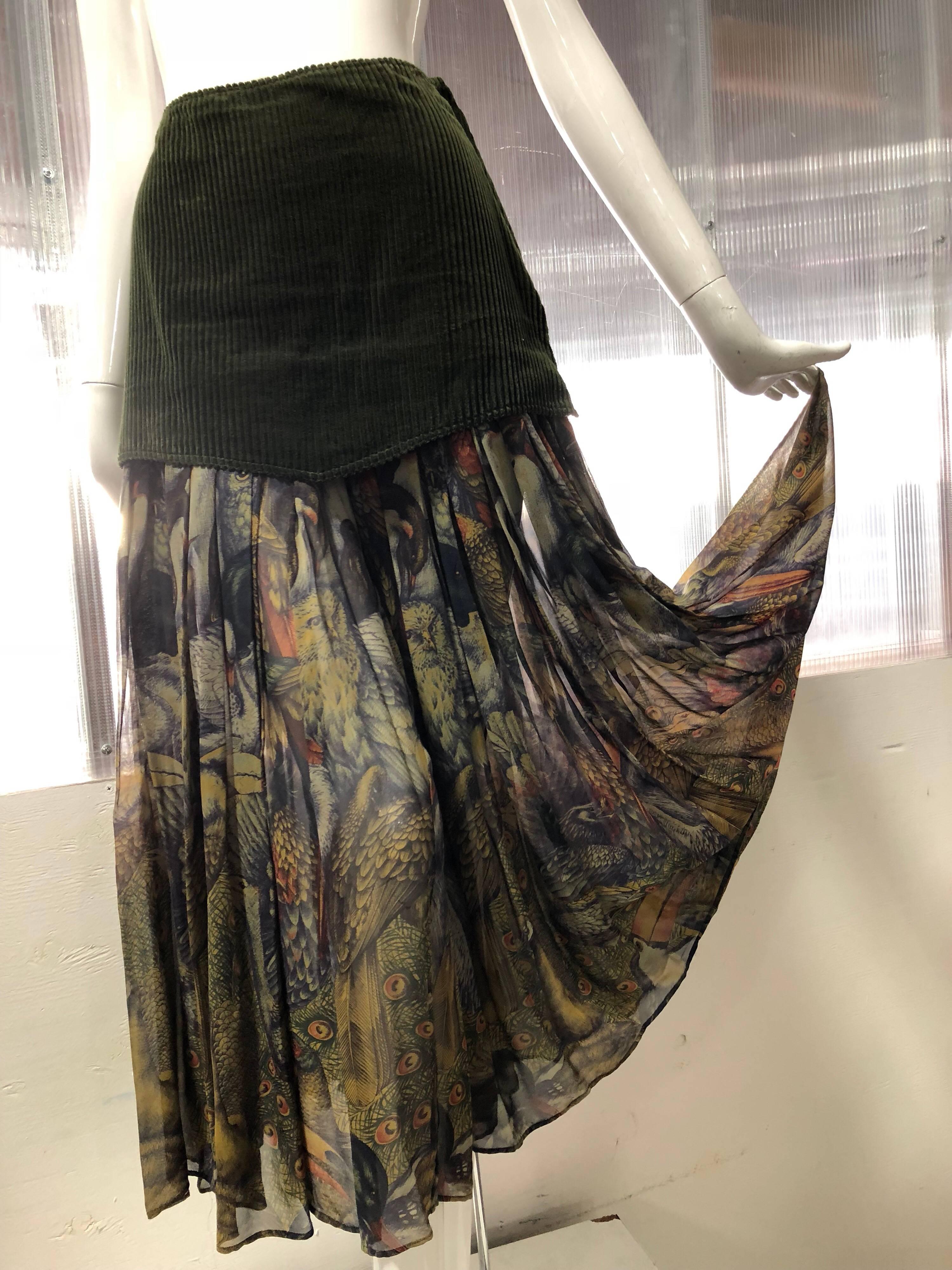 1980 Gianni Versace Audubon-Inspired Print Chiffon Palazzo Pants W/ Corduroy Hip In Excellent Condition In Gresham, OR