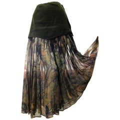 1980 Gianni Versace Audubon-Inspired Print Chiffon Palazzo Pants W/ Corduroy Hip