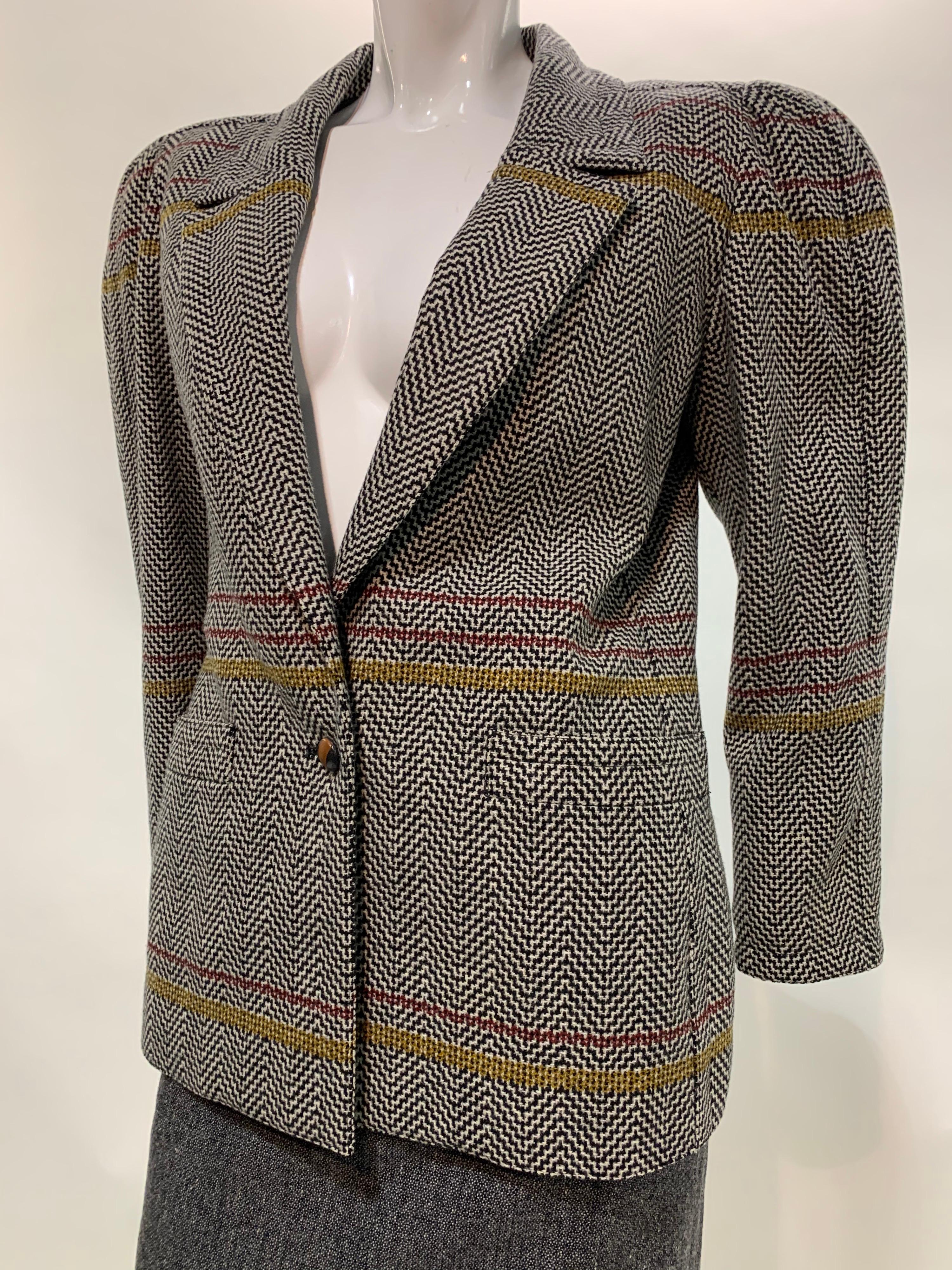 Black 1980 Gianni Versace Mixed Tweed Skirt Suit w/ Structured Shoulder Silhouette For Sale