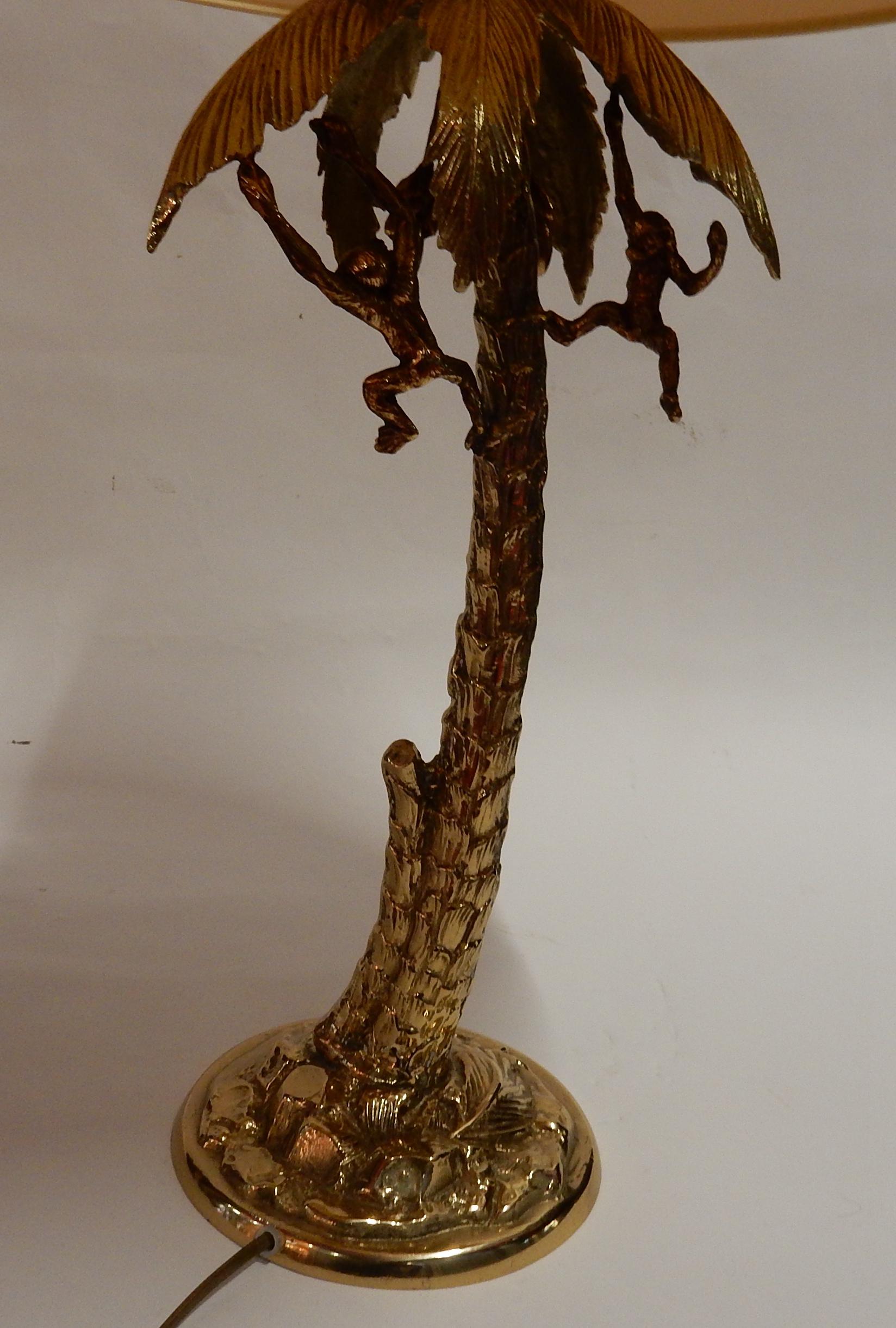 Brutalist 1980 Gilt Bronze Lamp with Monkeys in a Palm Tree