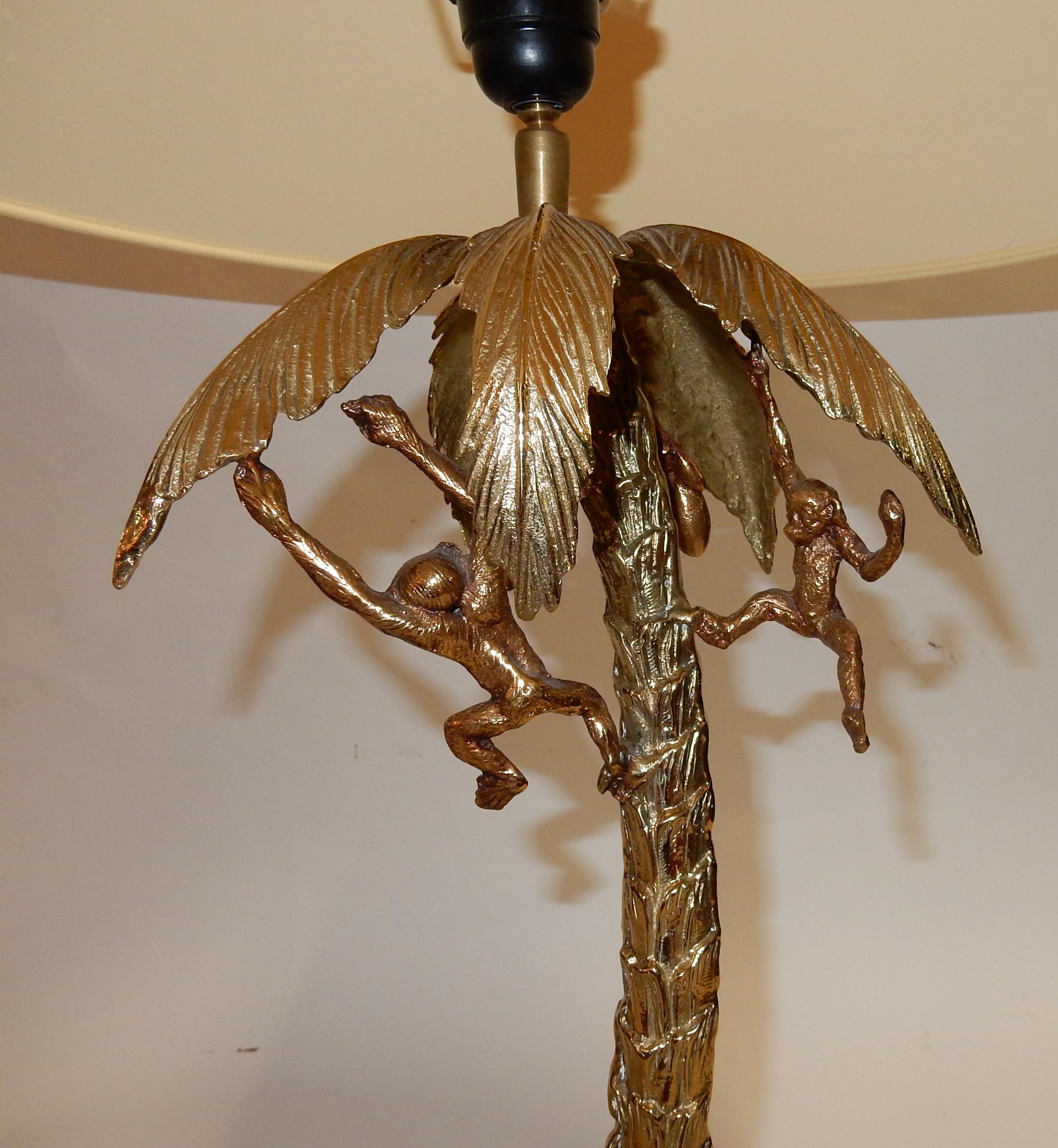 French 1980 Gilt Bronze Lamp with Monkeys in a Palm Tree