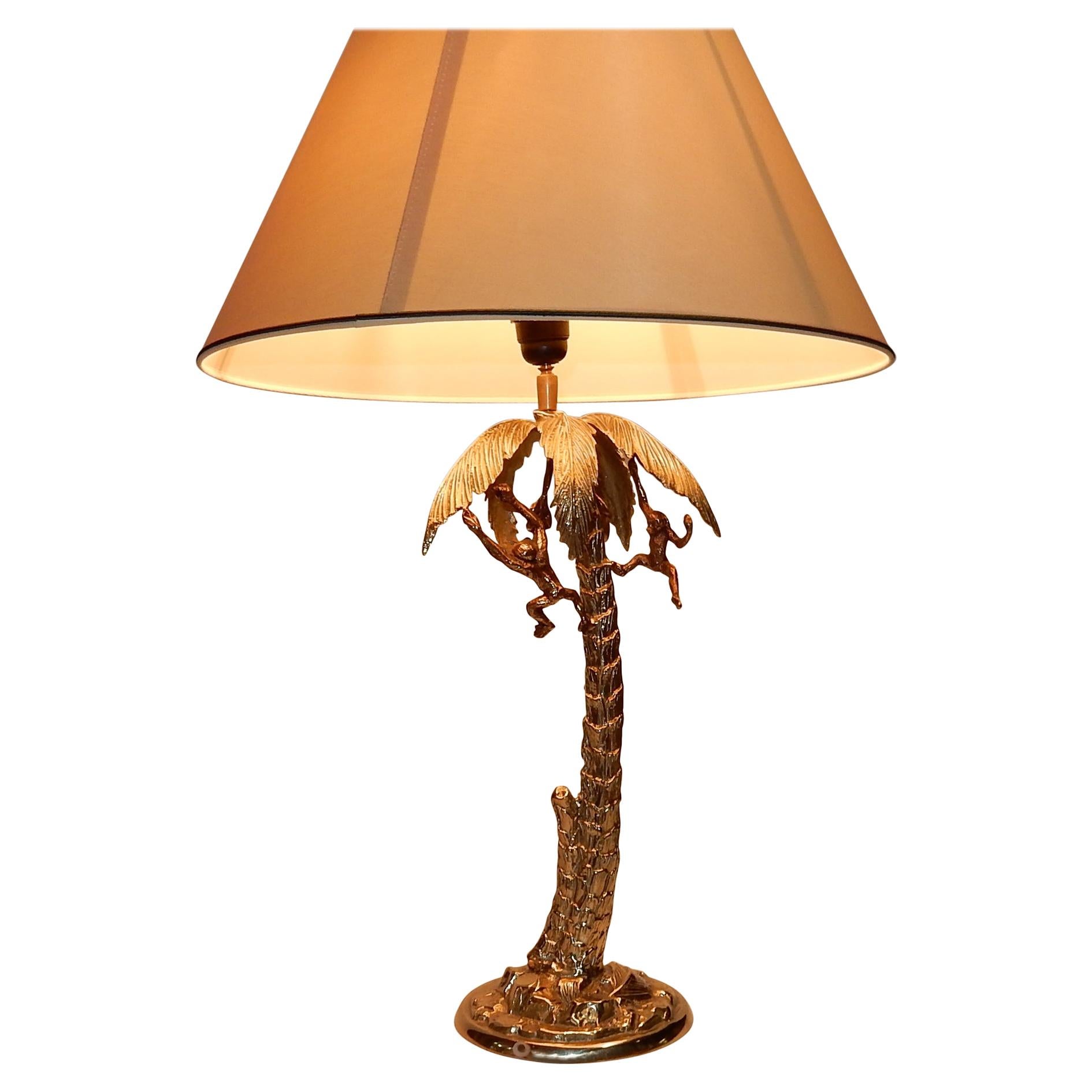 1980 Gilt Bronze Lamp with Monkeys in a Palm Tree