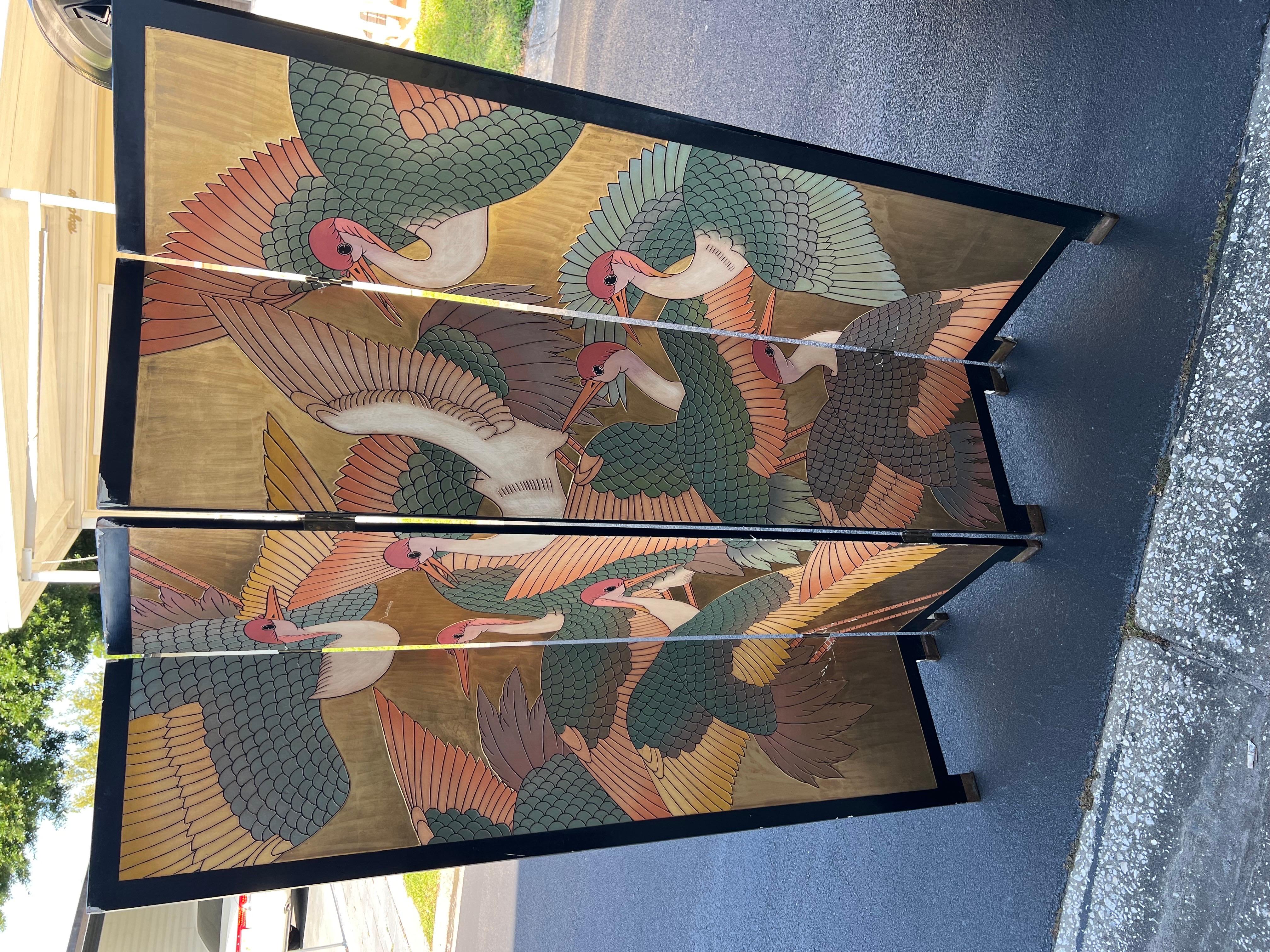 Japanese 1980 Gold & Pink Birds Room Divider For Sale