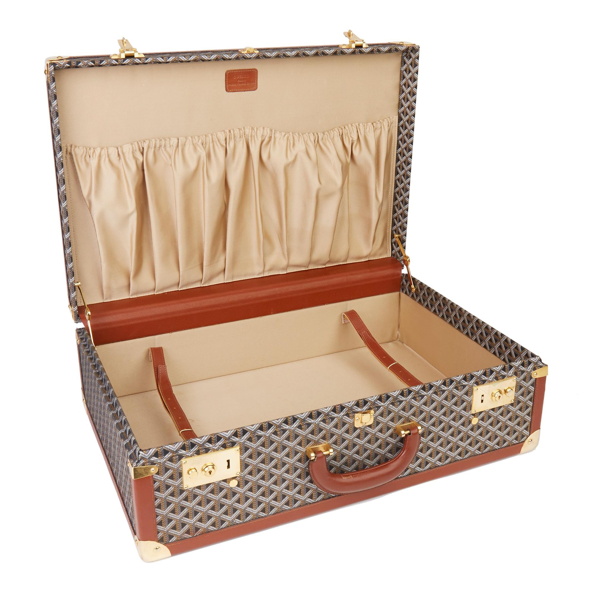 1980 Goyard Black Chevron Canvas & Brown Grained Calfskin Leather Vintage Trunk 5