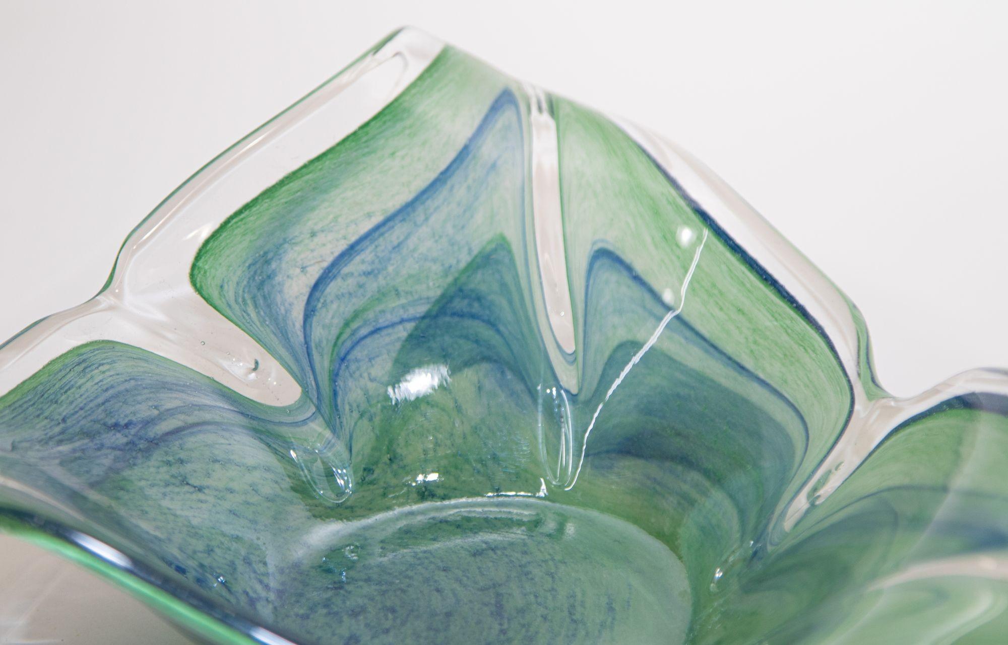Hand-Crafted 1980 Green and Blue Italian Murano Art Glass Bowl
