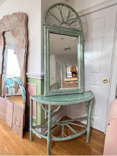 1980 Green Rattan Mirror Console Table and Mirror