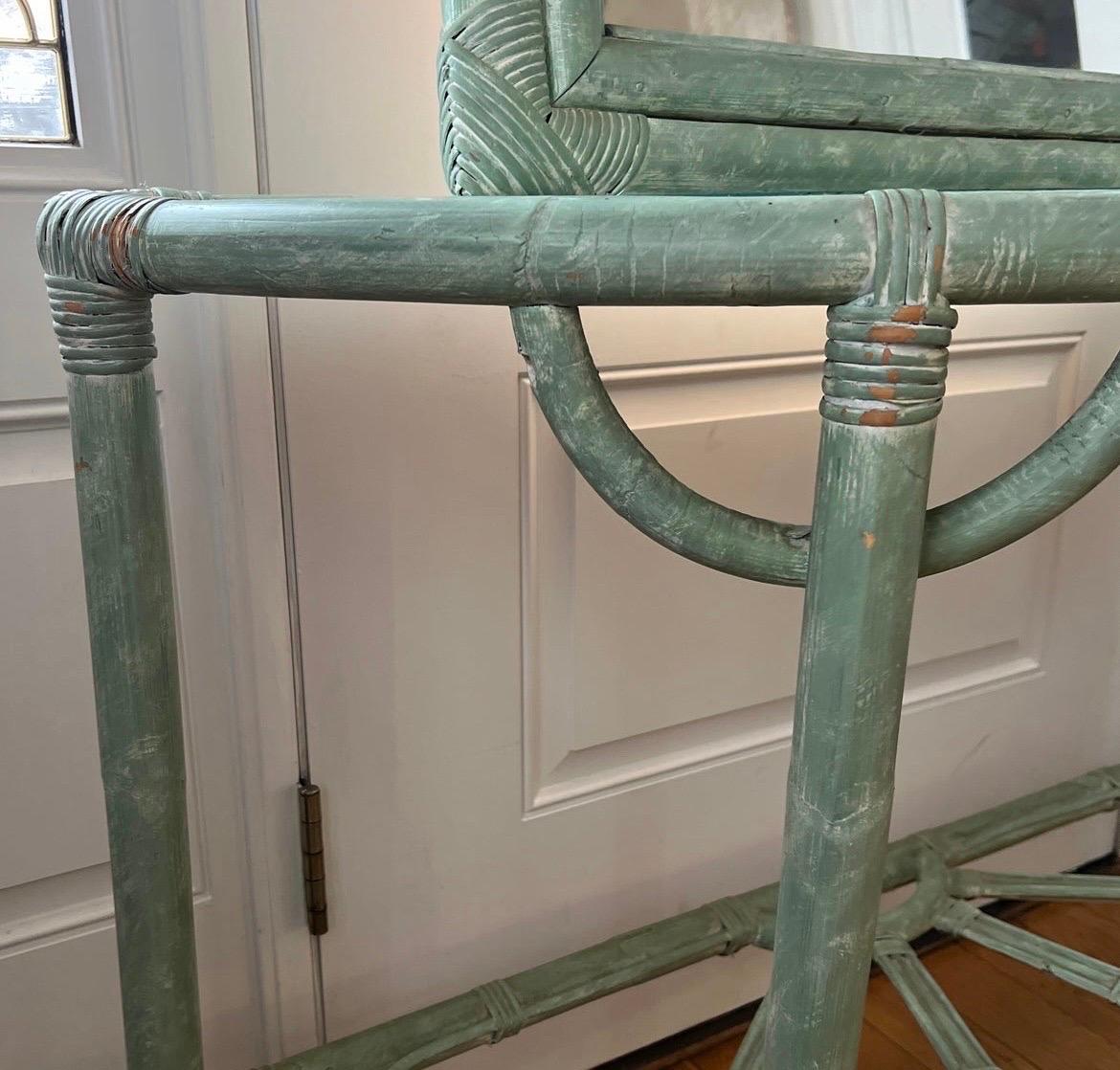 Late 20th Century 1980 Green Rattan Mirror Console Table and Mirror For Sale