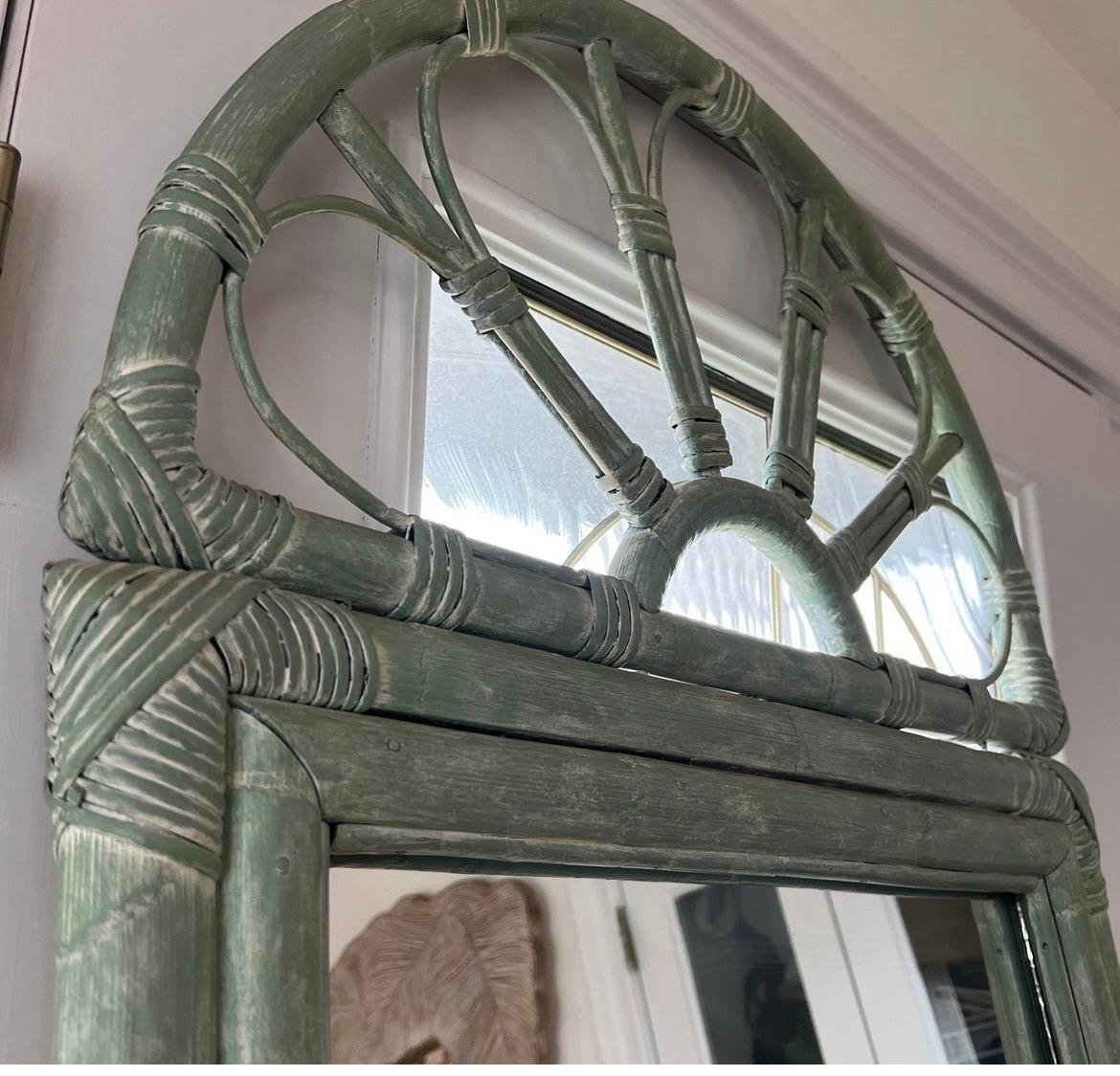 1980 Green Rattan Mirror Console Table and Mirror For Sale 1