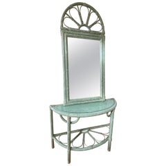 Table console et miroir en rotin vert 1980