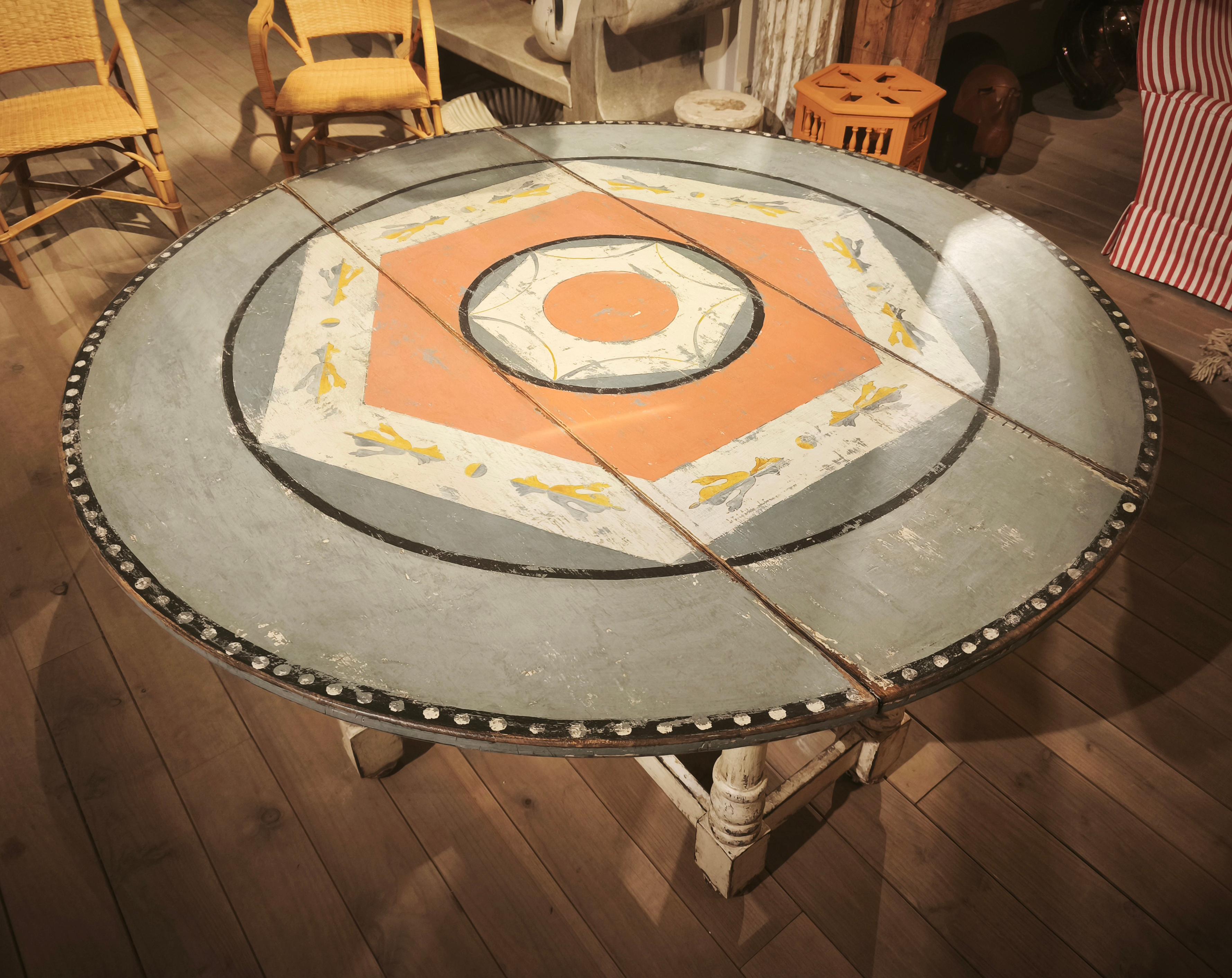 20th Century 1980 Hand-Painted Round Table with Feometric Motif For Sale