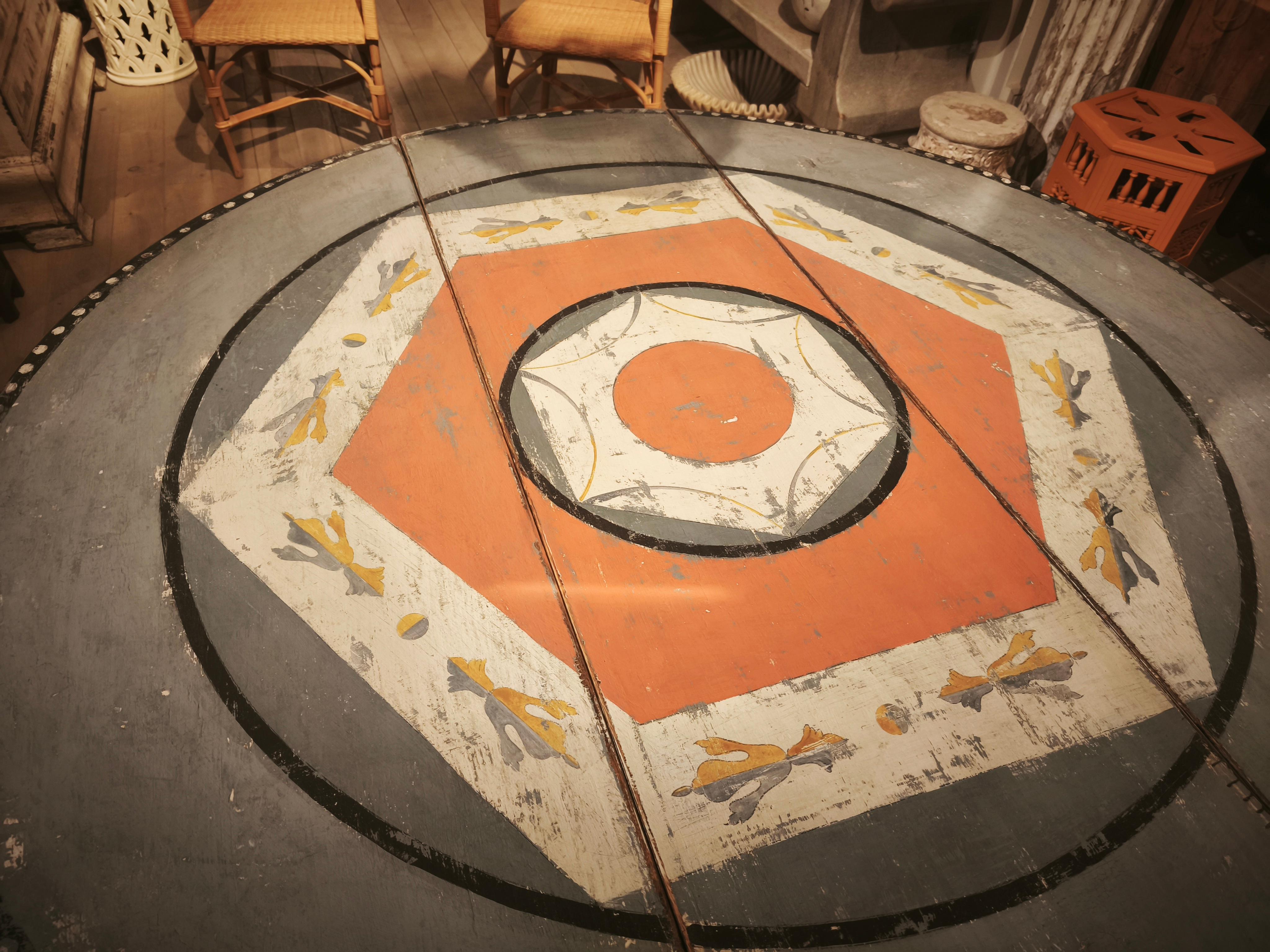 Wood 1980 Hand-Painted Round Table with Feometric Motif For Sale