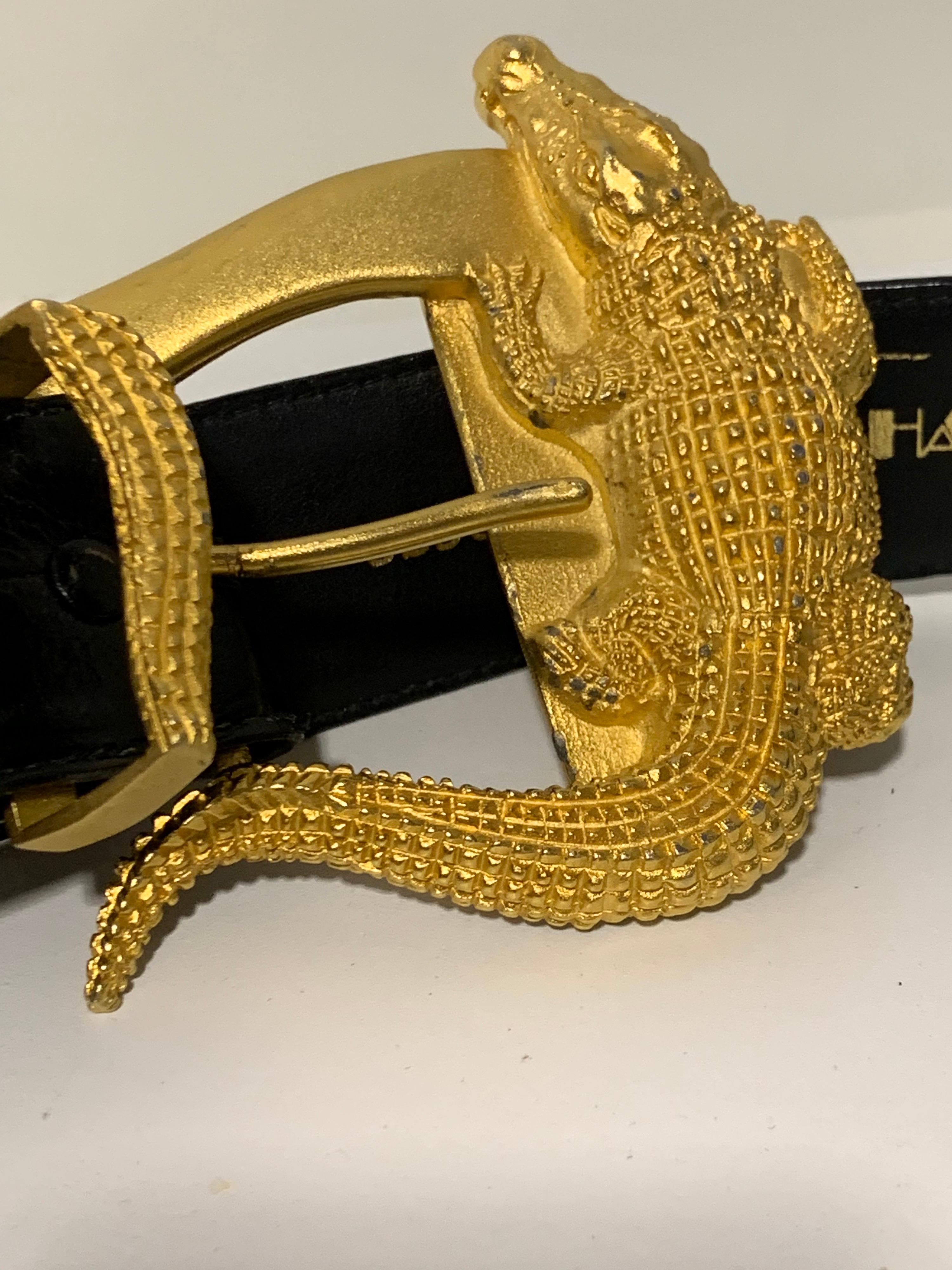 Women's or Men's 1980 Hartnell Black Embossed Belt W / Gold Alligator Buckle Size XL 