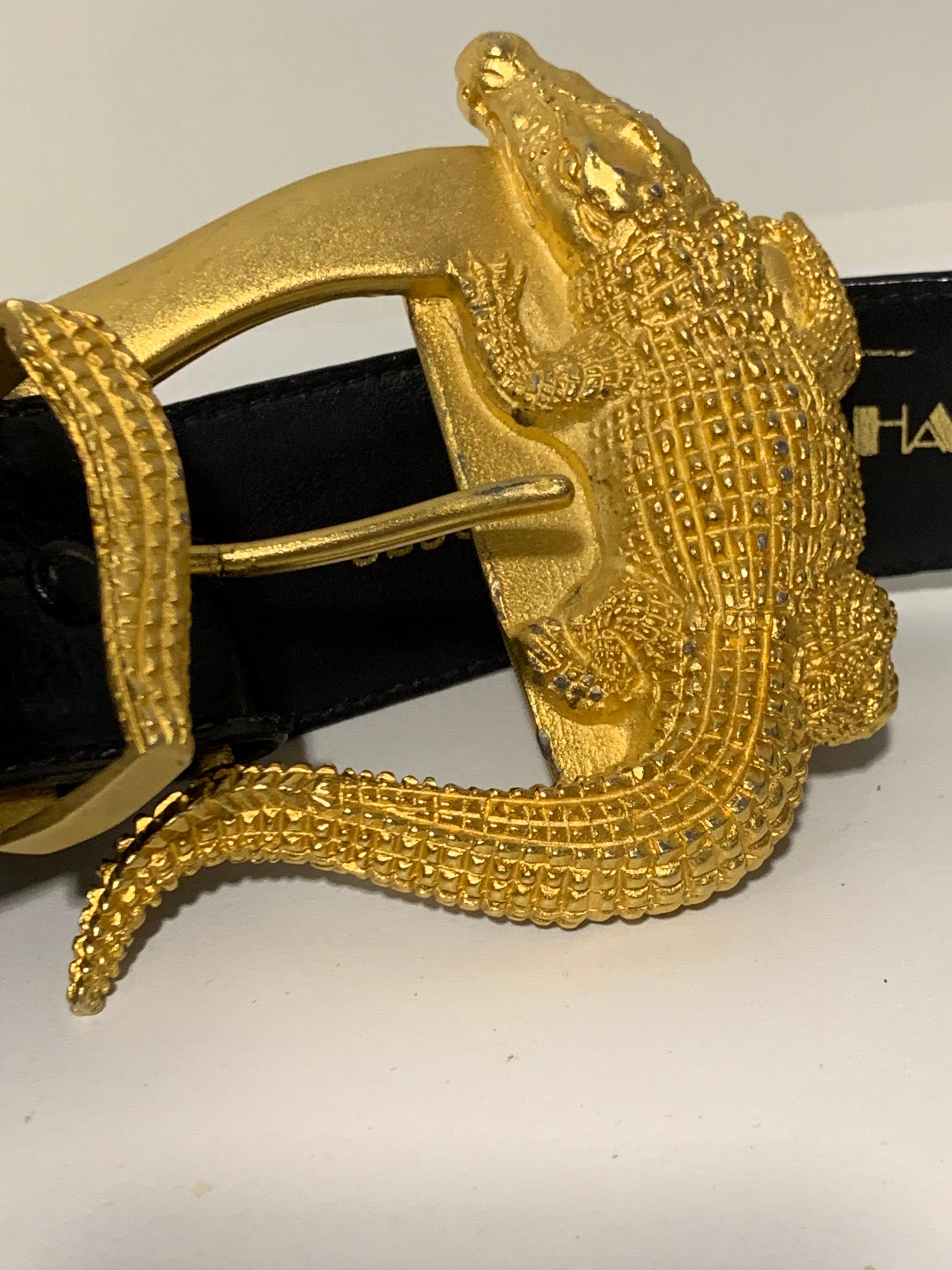 1980 Hartnell Black Embossed Belt W / Gold Alligator Buckle Size XL  1
