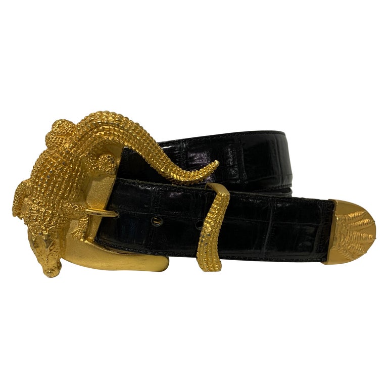 1980 Hartnell Black Embossed Belt W / Gold Alligator Buckle  display picture 3