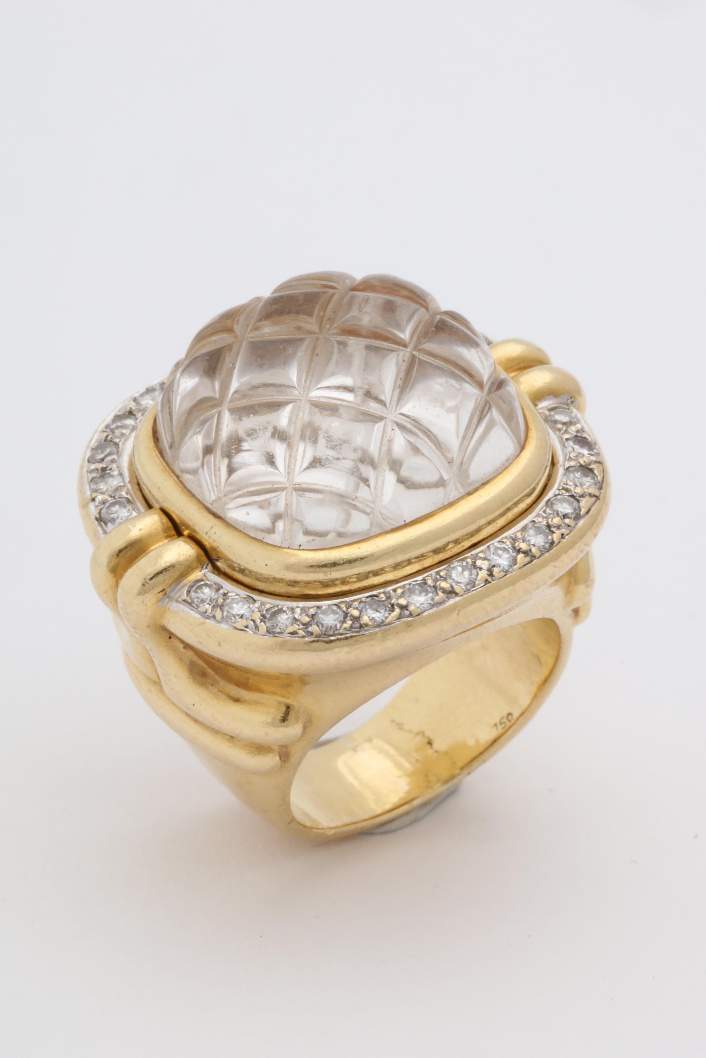 1980 Heavy Quilted Rock Crystal with Diamonds Fantasy Large Gold Cocktail Ring 8