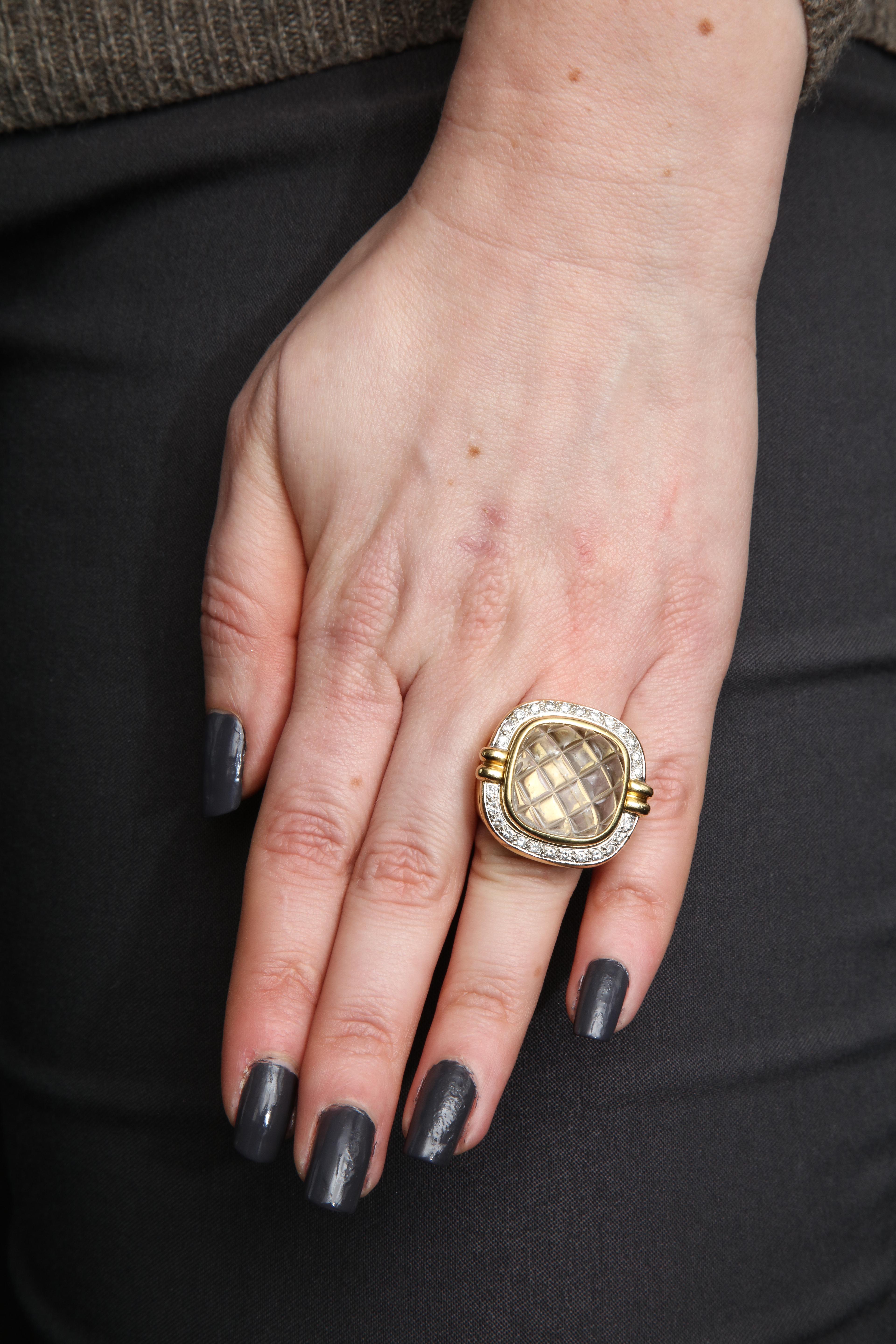 1980 Heavy Quilted Rock Crystal with Diamonds Fantasy Large Gold Cocktail Ring 9