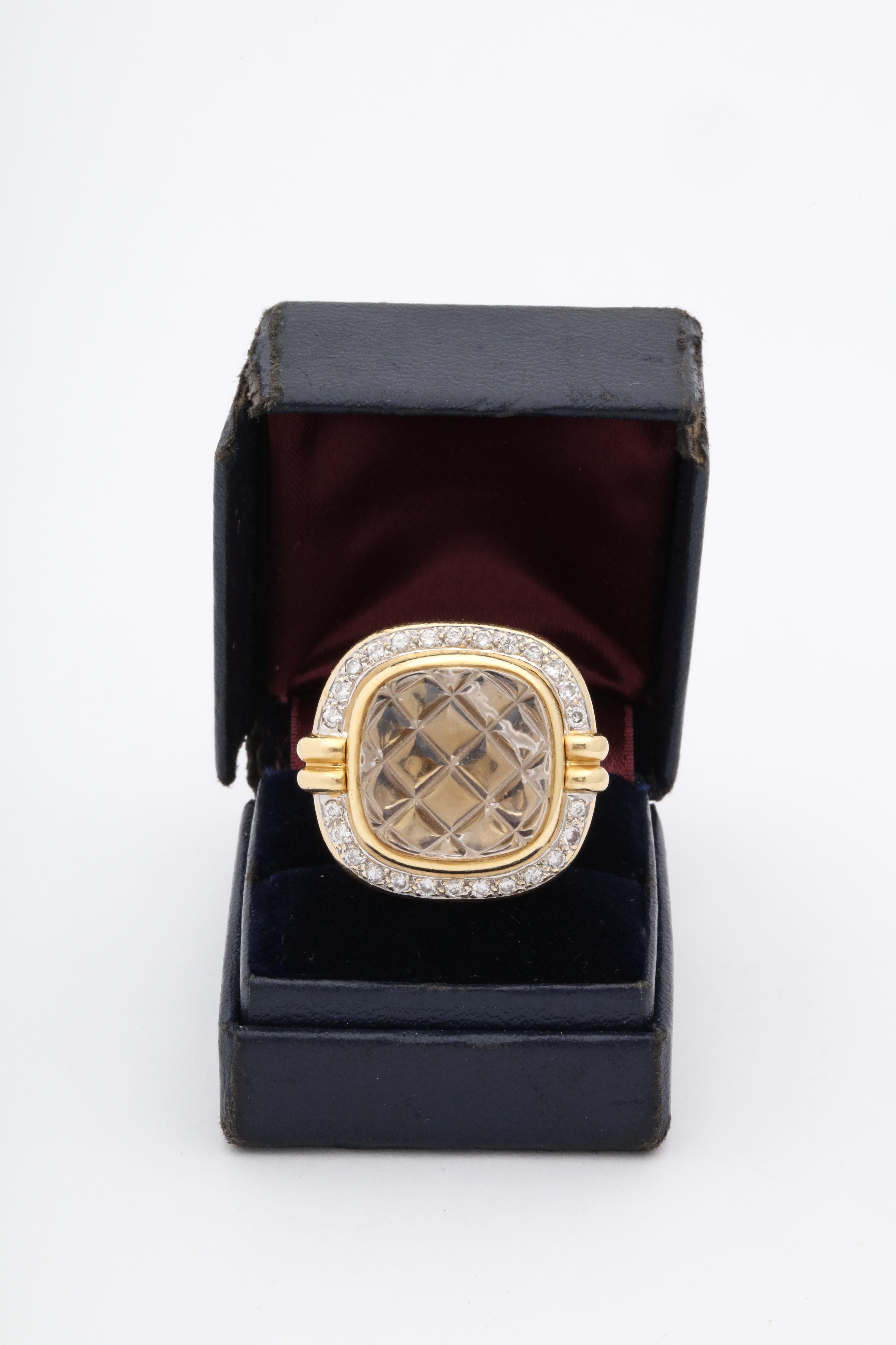 1980 Heavy Quilted Rock Crystal with Diamonds Fantasy Large Gold Cocktail Ring 11