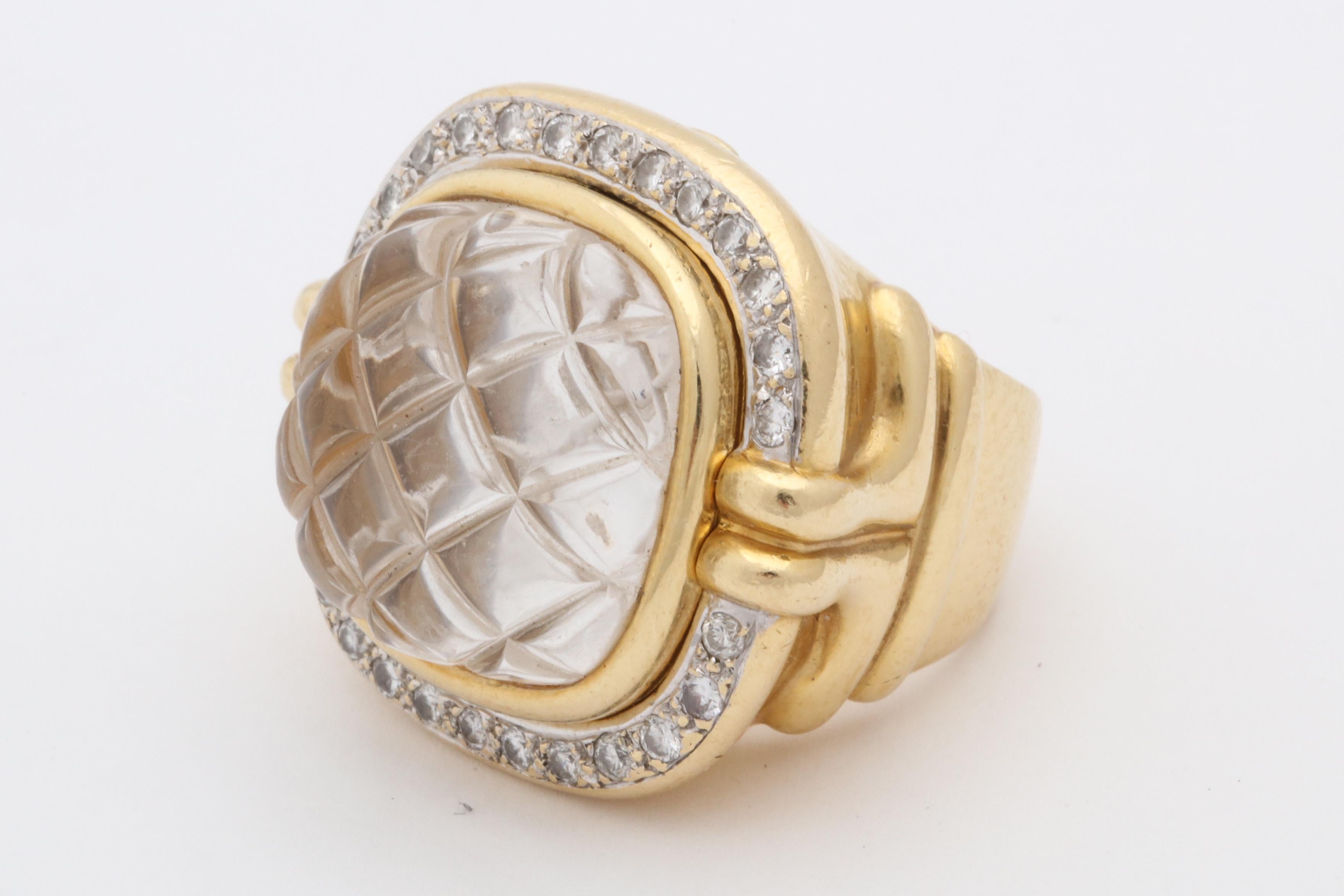 1980 Heavy Quilted Rock Crystal with Diamonds Fantasy Large Gold Cocktail Ring 1