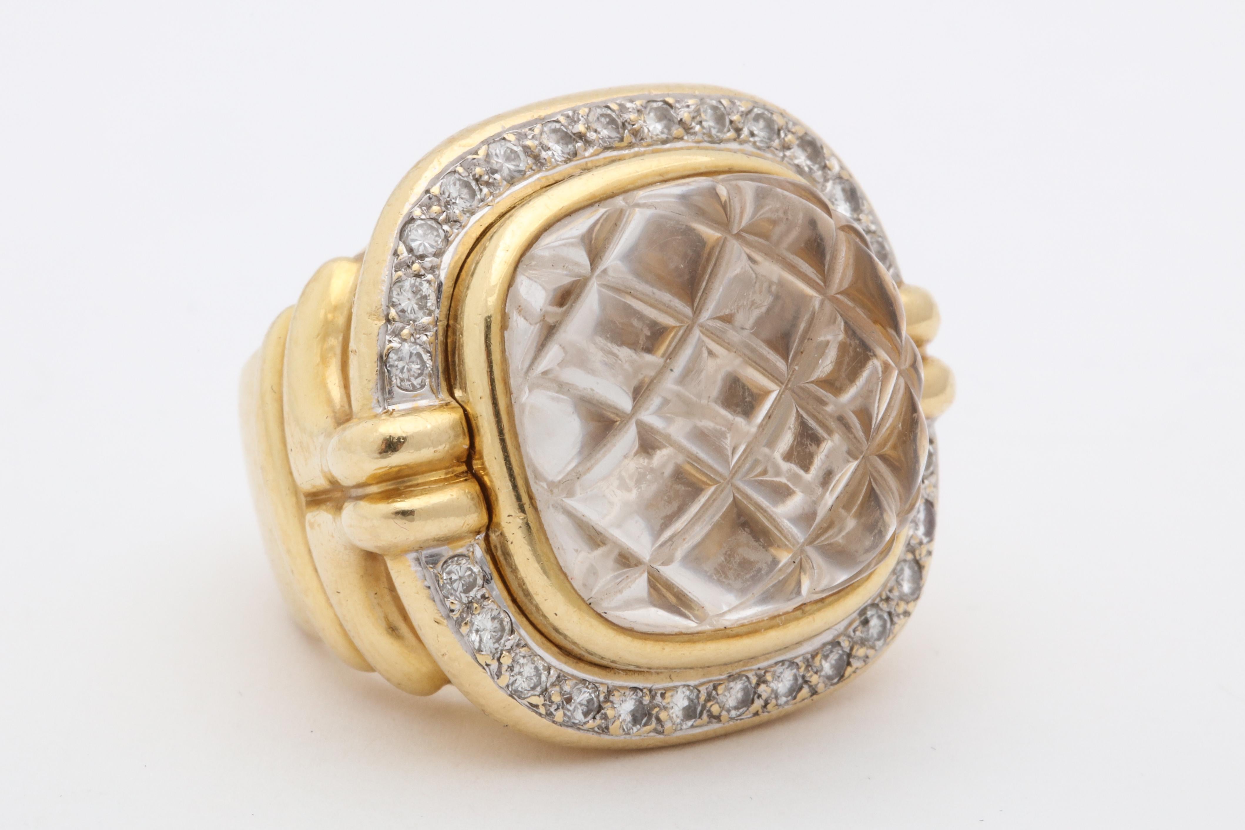 1980 Heavy Quilted Rock Crystal with Diamonds Fantasy Large Gold Cocktail Ring 2