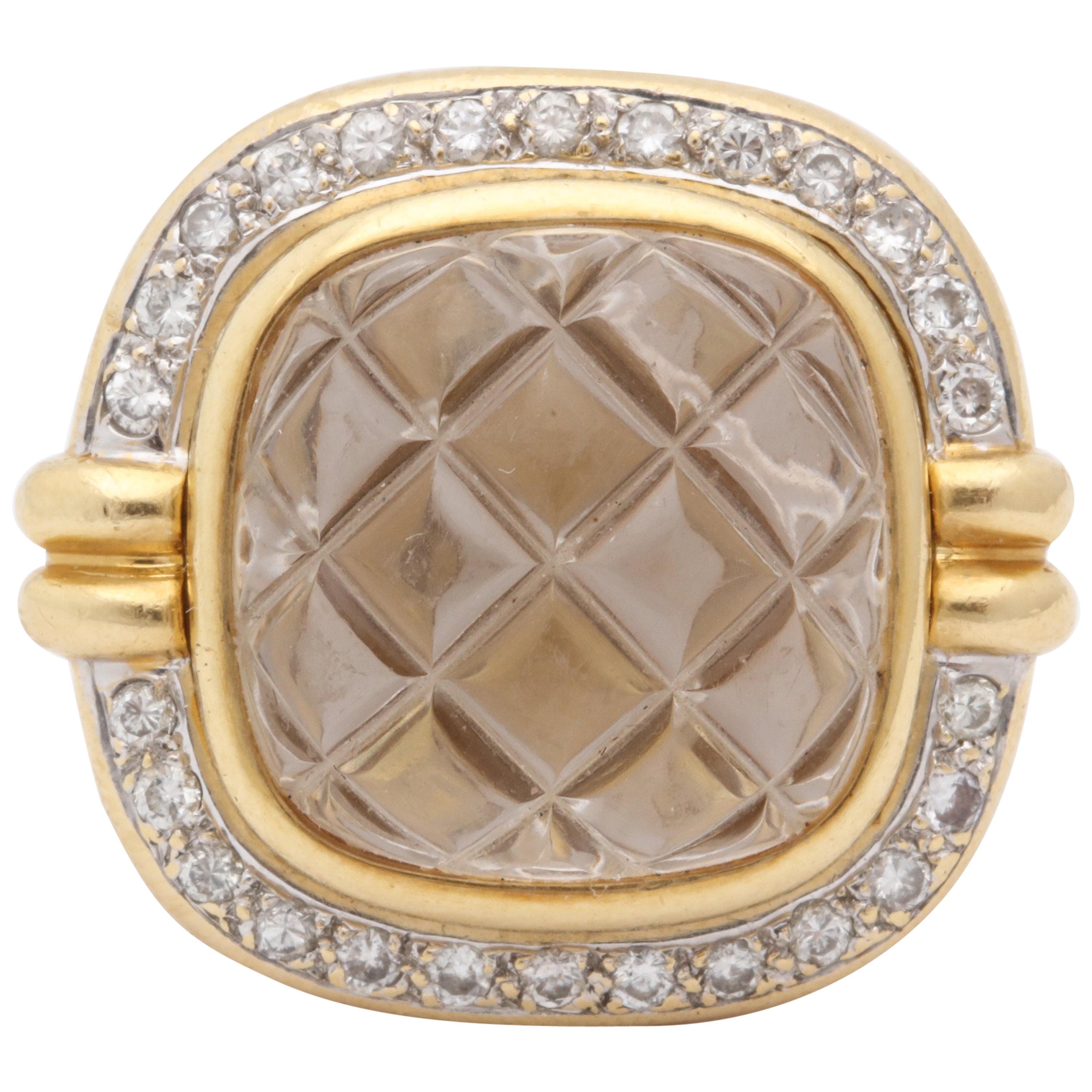 1980 Heavy Quilted Rock Crystal with Diamonds Fantasy Large Gold Cocktail Ring