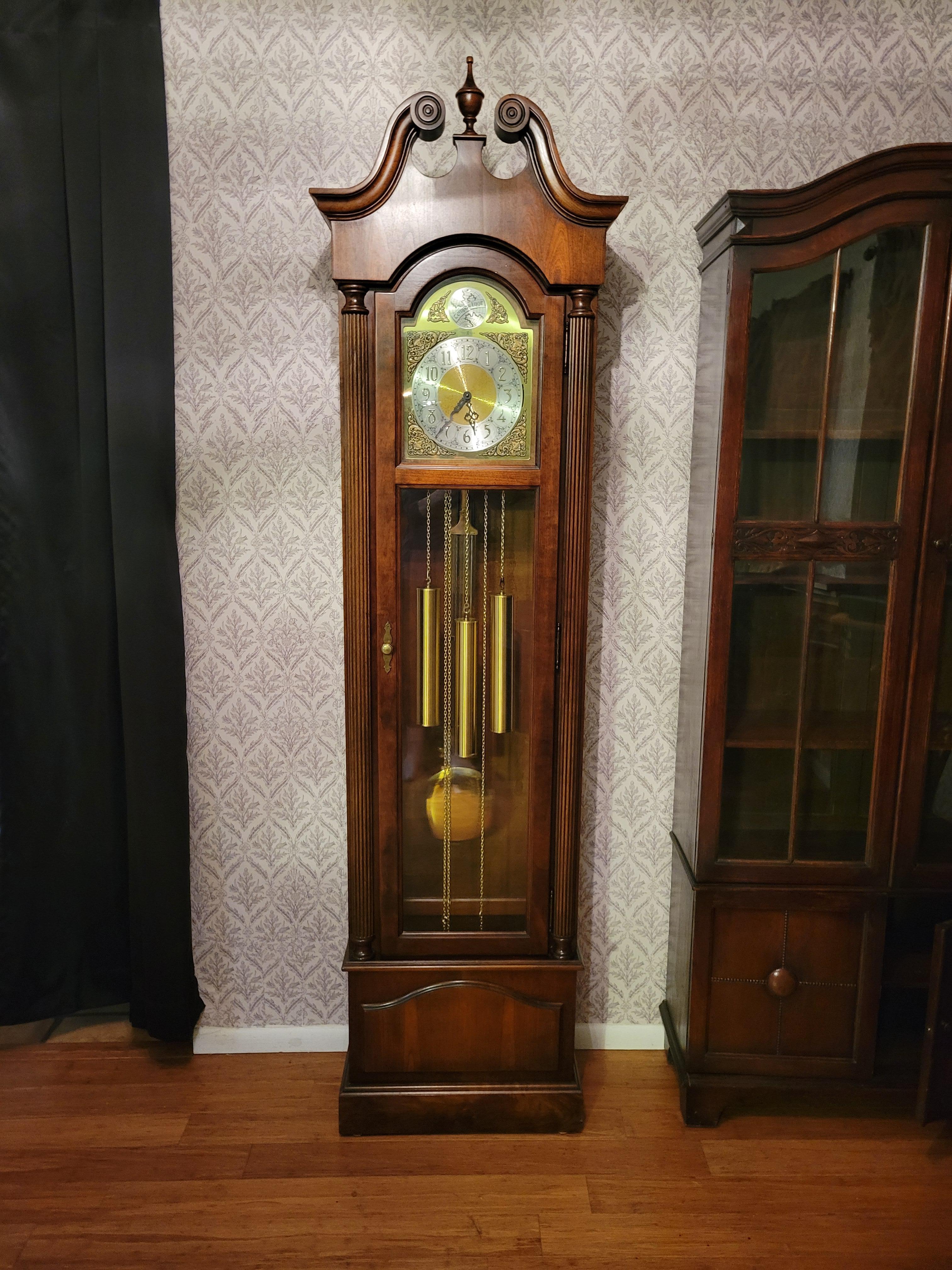 American 1980, Howard Miller Grandfather Clock, Westminster Chime, Walnut Case