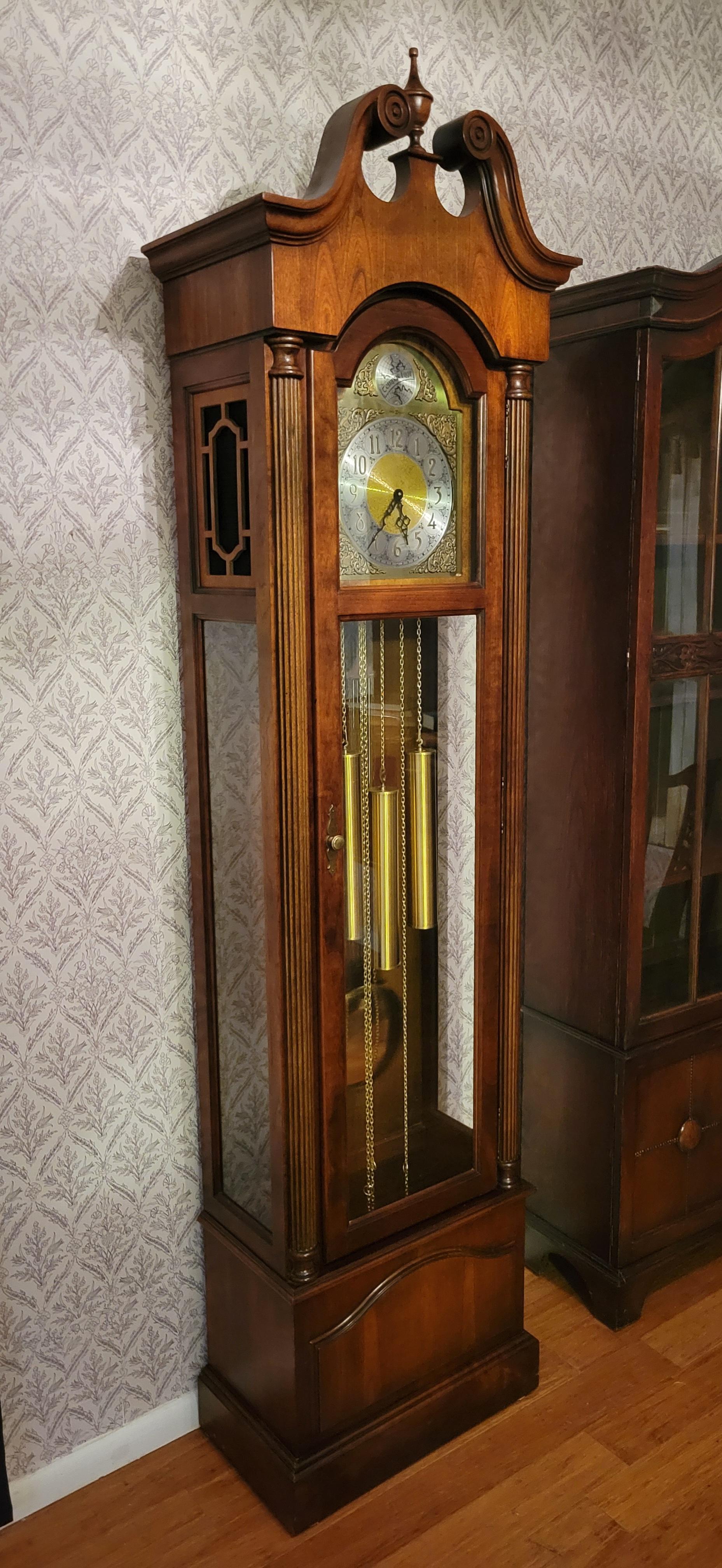 1980, Howard Miller Grandfather Clock, Westminster Chime, Walnut Case In Good Condition In Phoenix, AZ