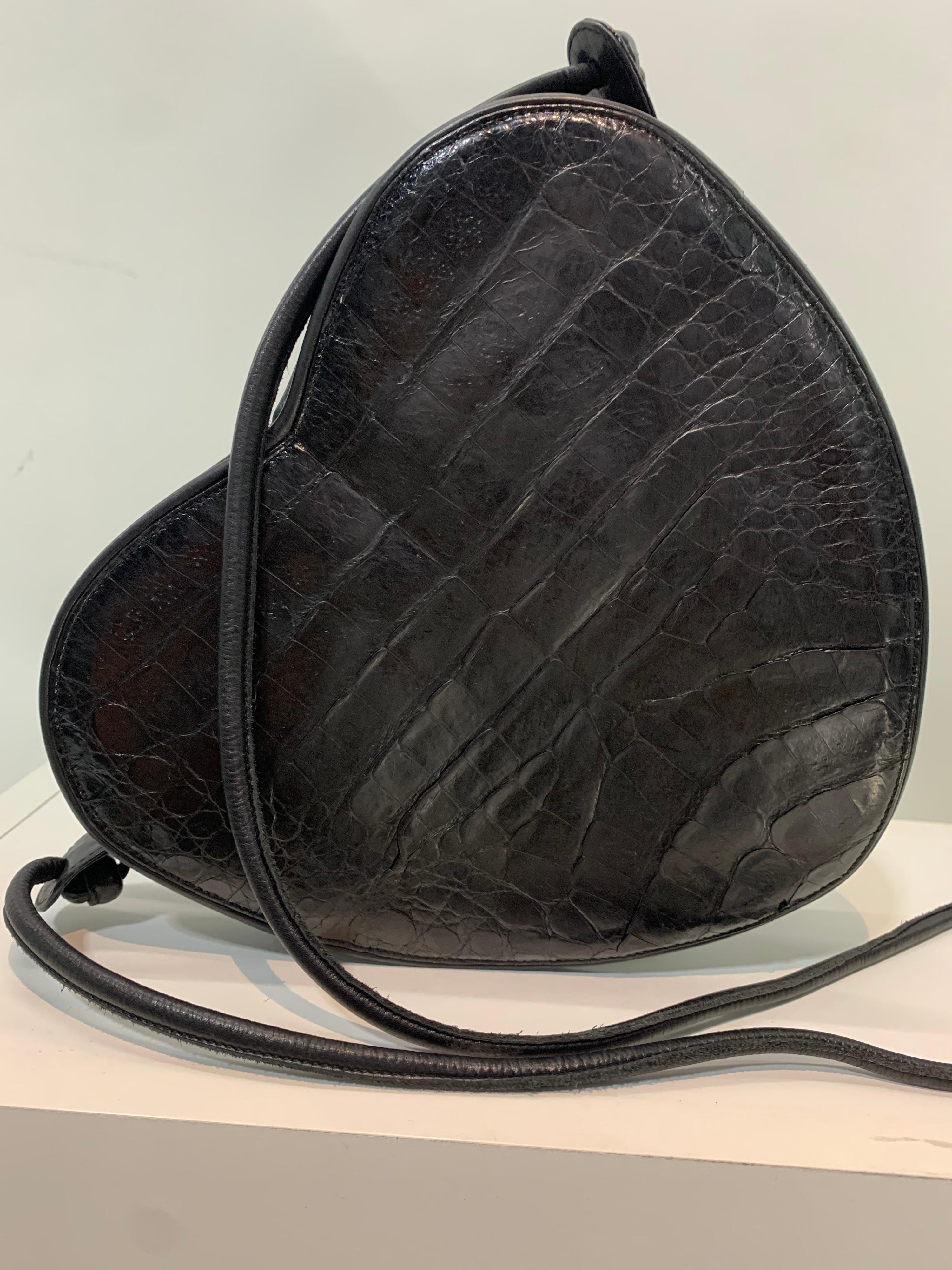 Women's or Men's 1980 I. Magnin Black Alligator Heart-Shaped Shoulder Bag w/ Leather Strap