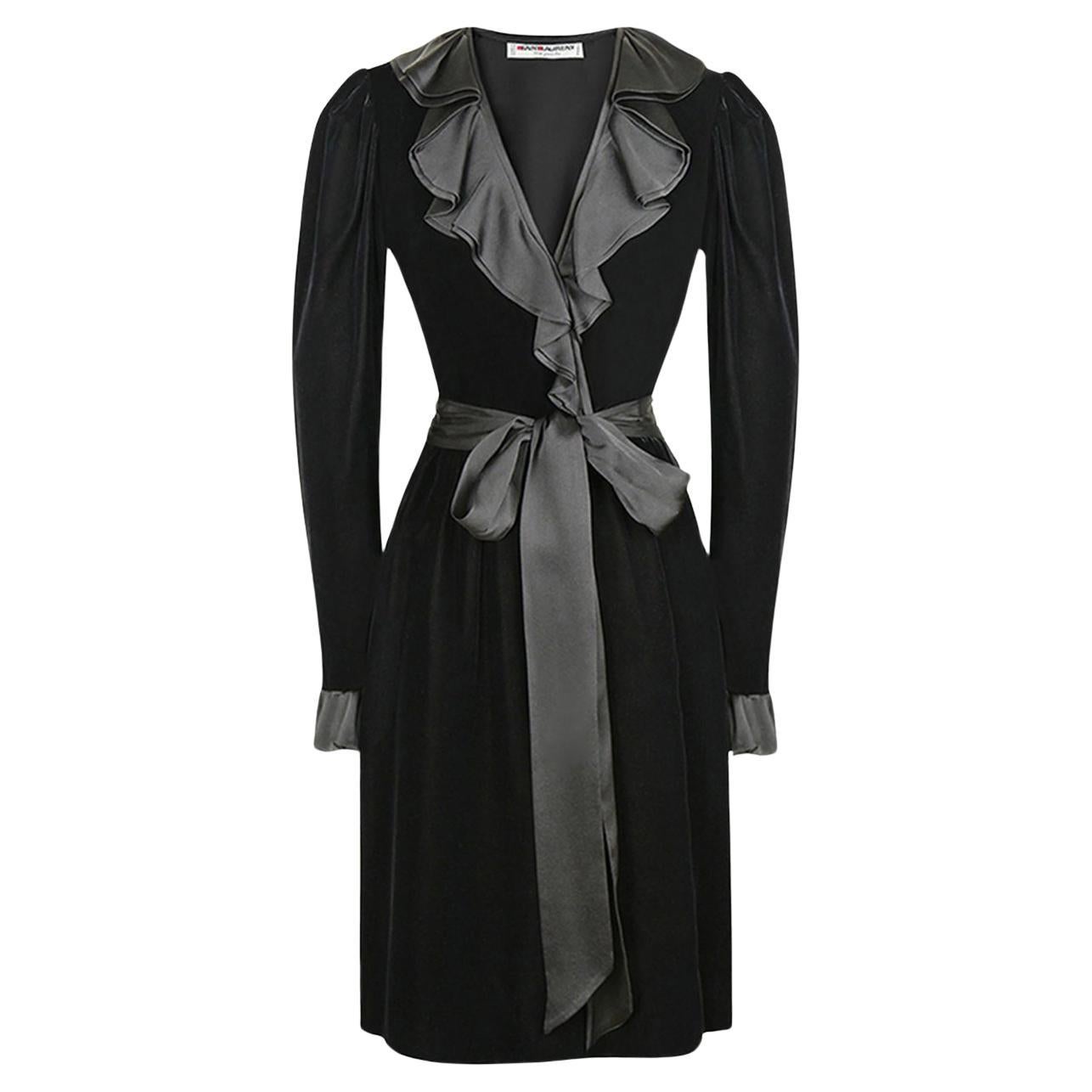 1980 Iconic Yves Saint Laurent YSL Black Velvet Dress For Sale