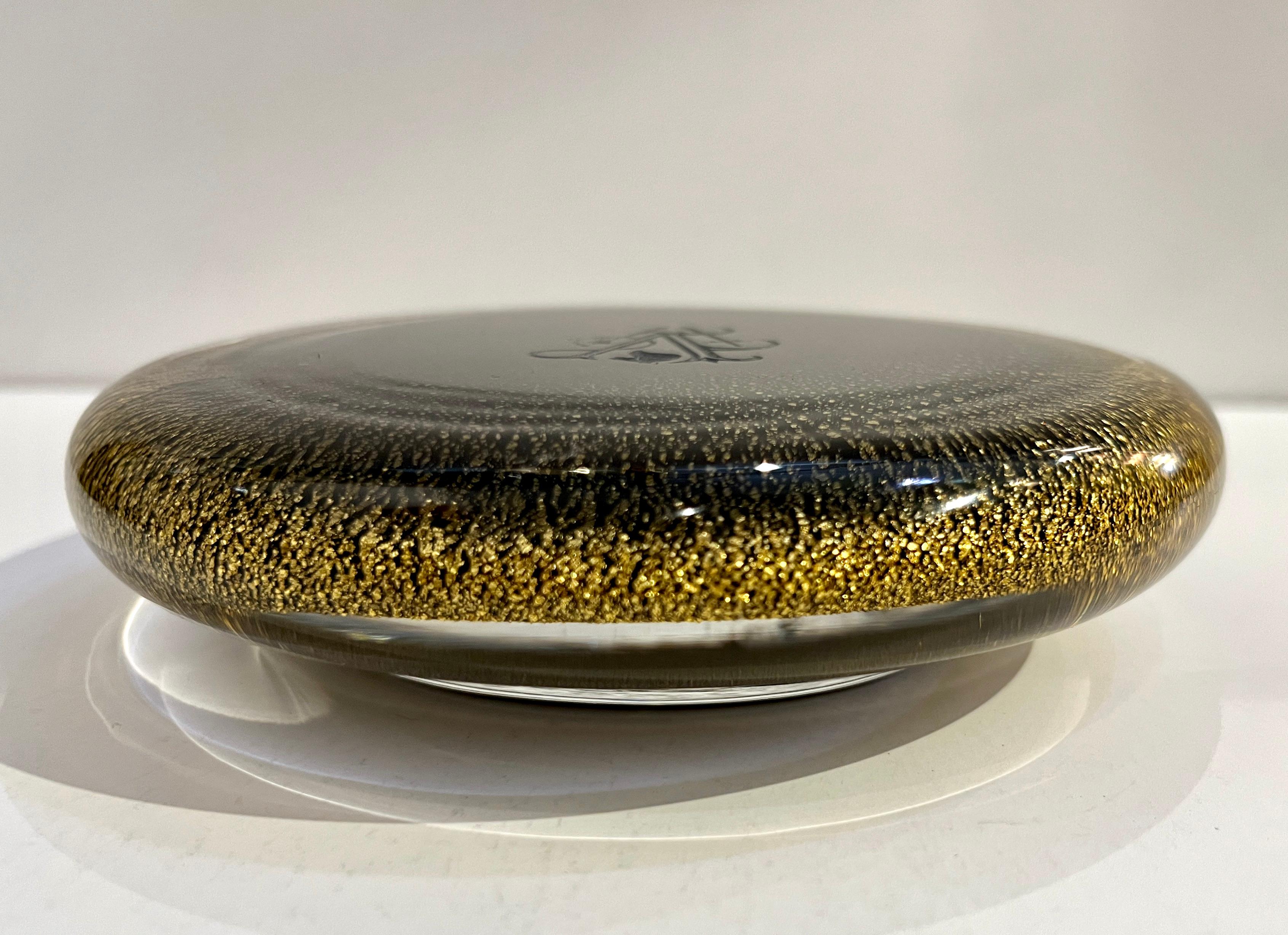 1980 Italian Crystal & Black Murano Glass Round Box Worked with 24Kt Gold Dust For Sale 3