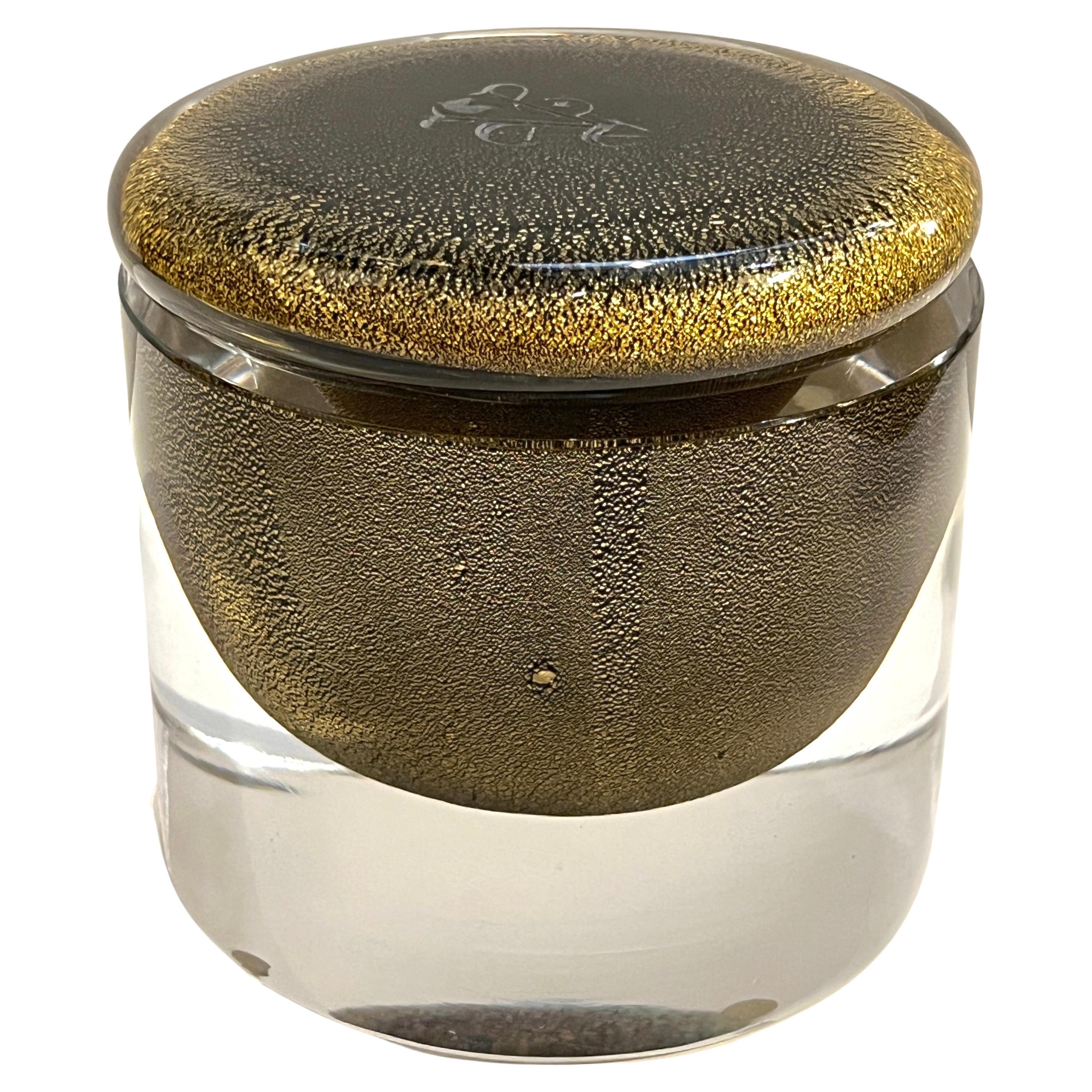 1980 Italian Crystal & Black Murano Glass Round Box Worked with 24Kt Gold Dust For Sale
