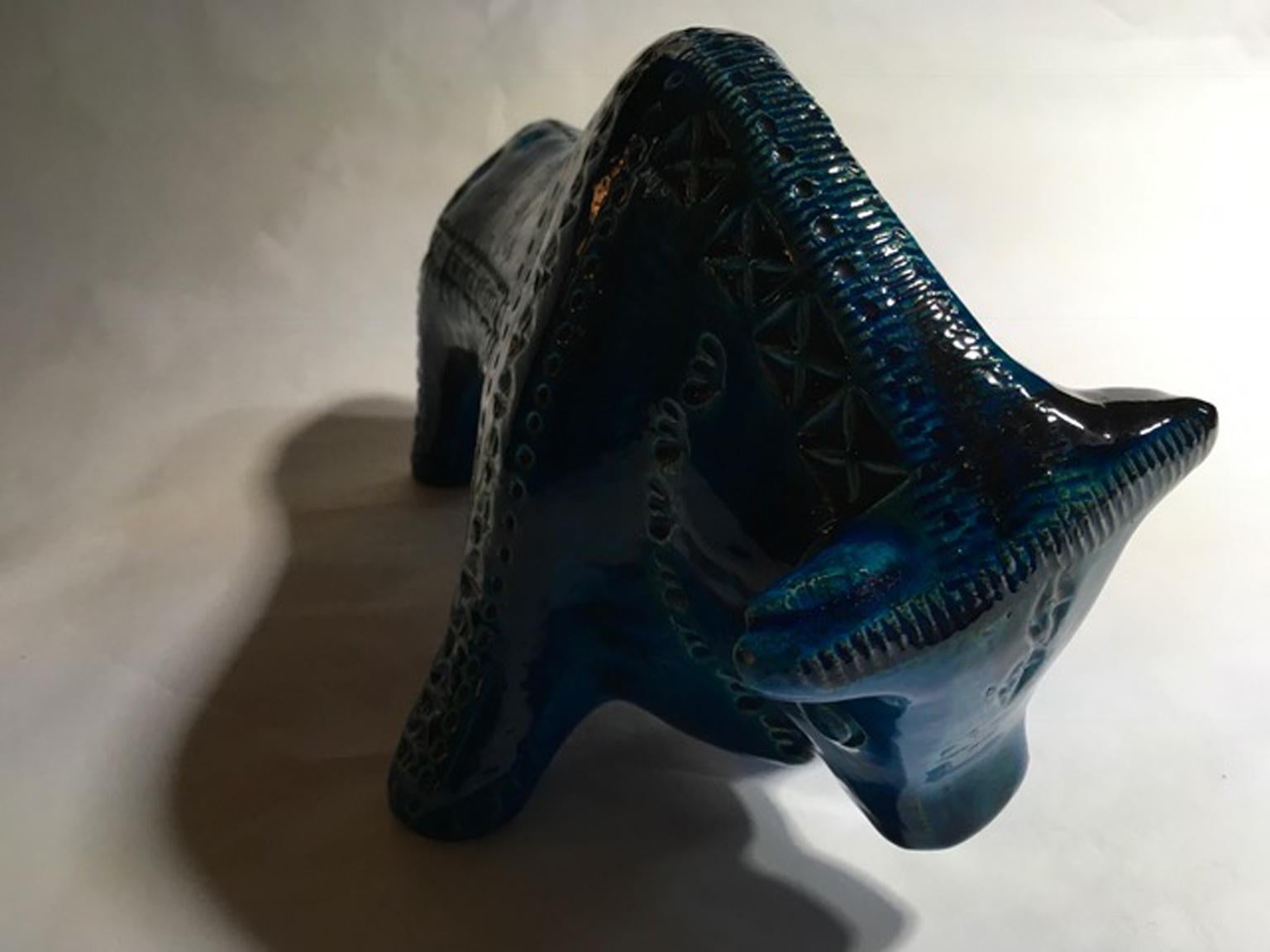 1980 Post-Modern Italian Design Bull in Turquoise Enameled Ceramic For Sale 5