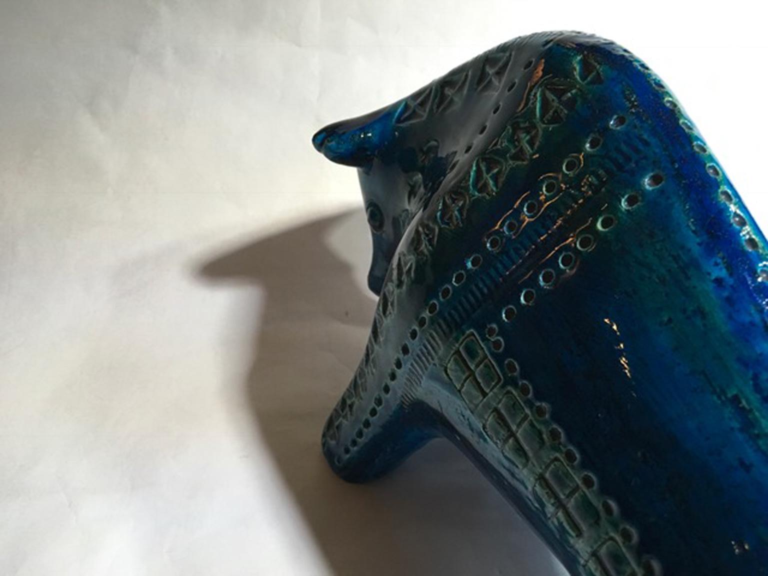 1980 Post-Modern Italian Design Bull in Turquoise Enameled Ceramic For Sale 11