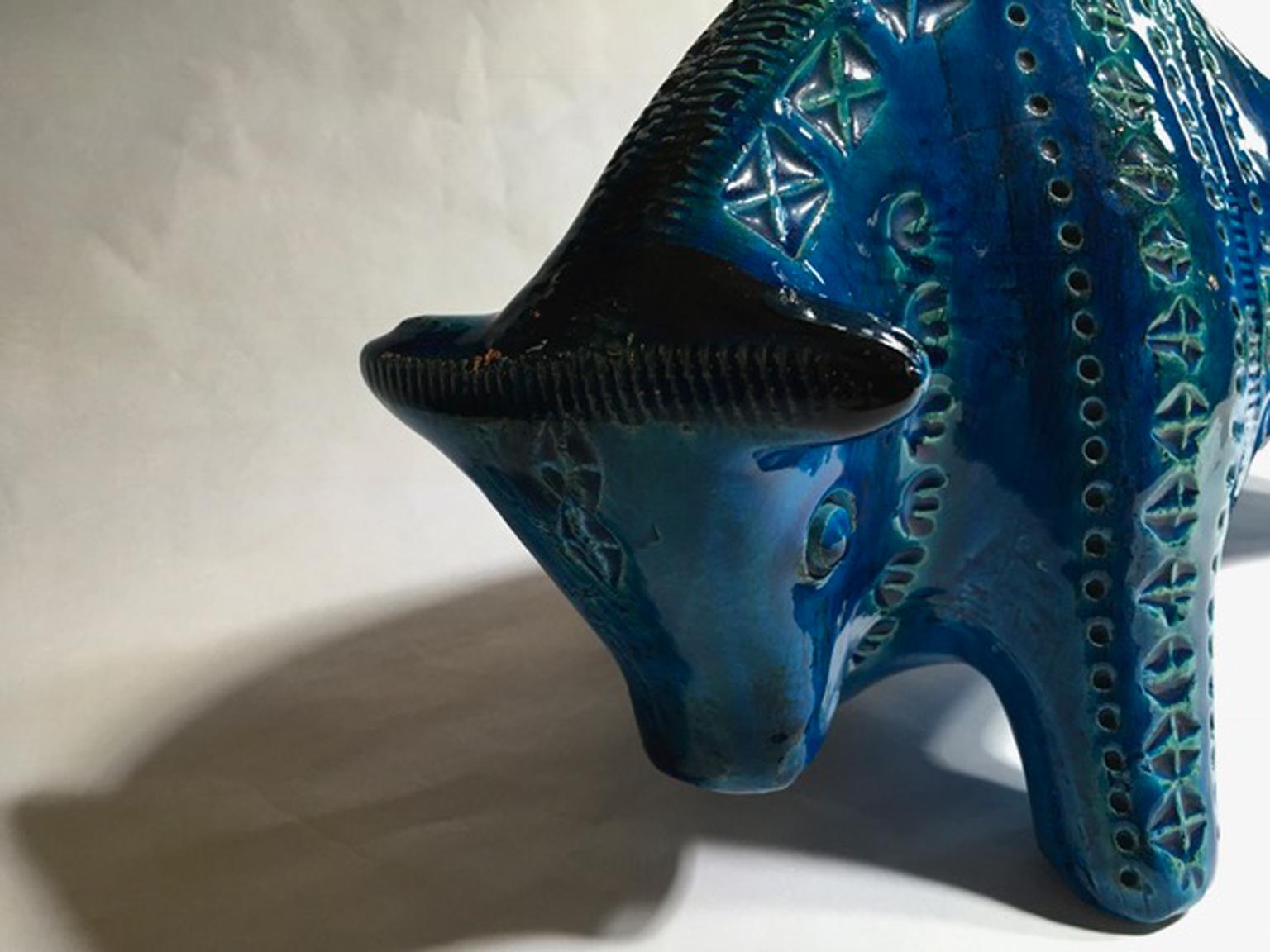 Hand-Crafted 1980 Post-Modern Italian Design Bull in Turquoise Enameled Ceramic For Sale