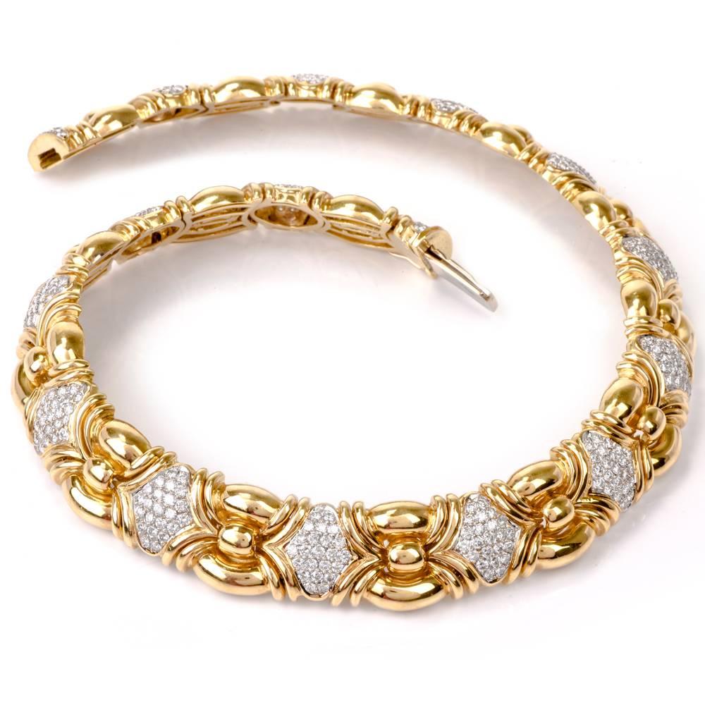 This beautifully sculpted Italian diamond choker necklace is crafted in solid 18K yellow gold and weighs 154.1 grams. The necklace showcases an exquisite series of links decorated with Round cut genuine Diamonds, all weighing approx: 11.32cttw, H-I
