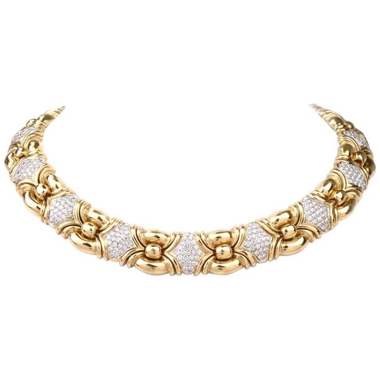 1980 Italian Diamond 18 Karat Gold Choker Necklace For Sale at 1stDibs