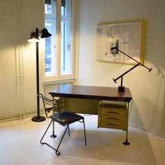 1980 Italian Midcentury / Memphis Black Lacquered Metal Chair with Leather Seat