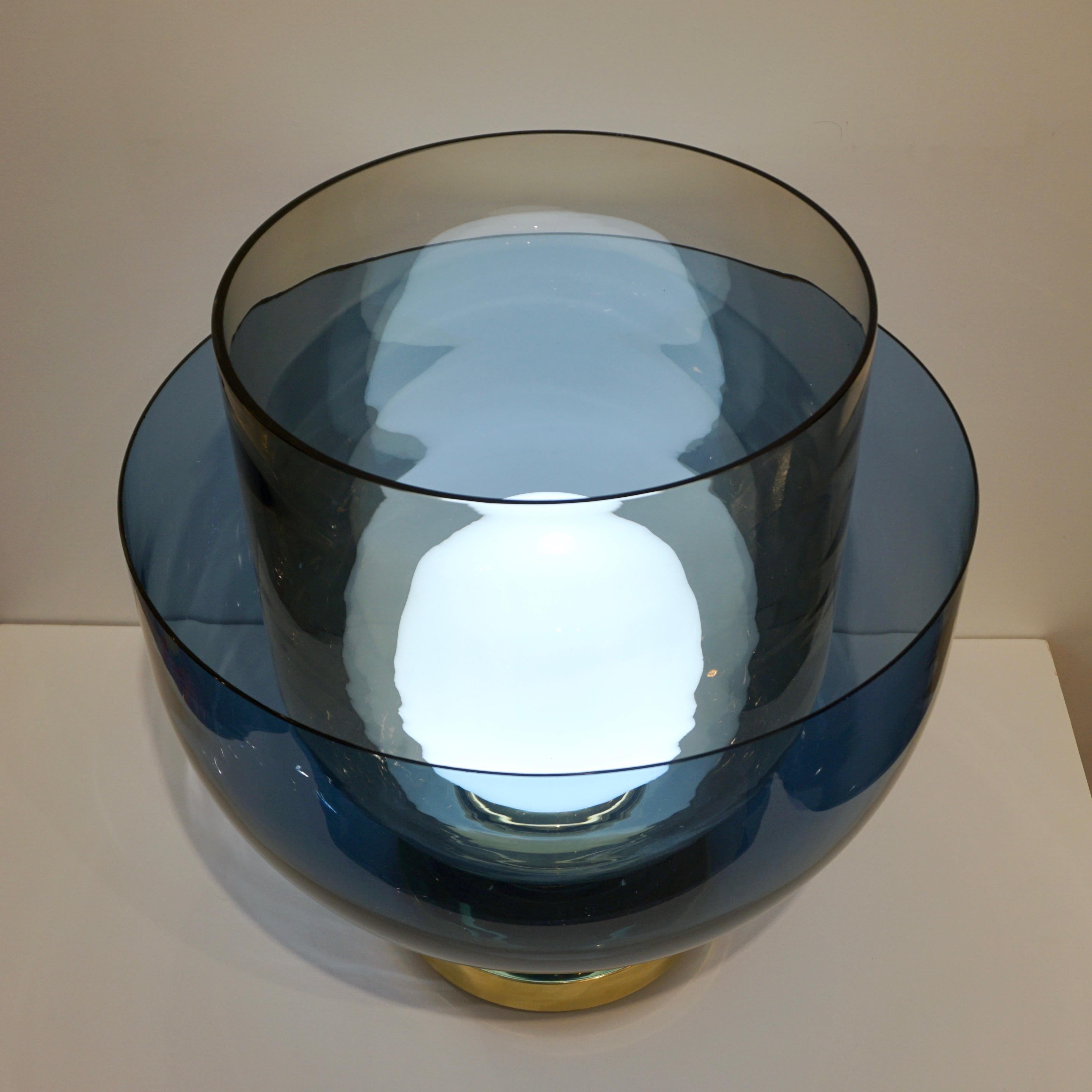 Mid-Century Modern 1980s Italian Monumental Blue Smoked Murano Glass Modern Round Lamp/Floor Lamp