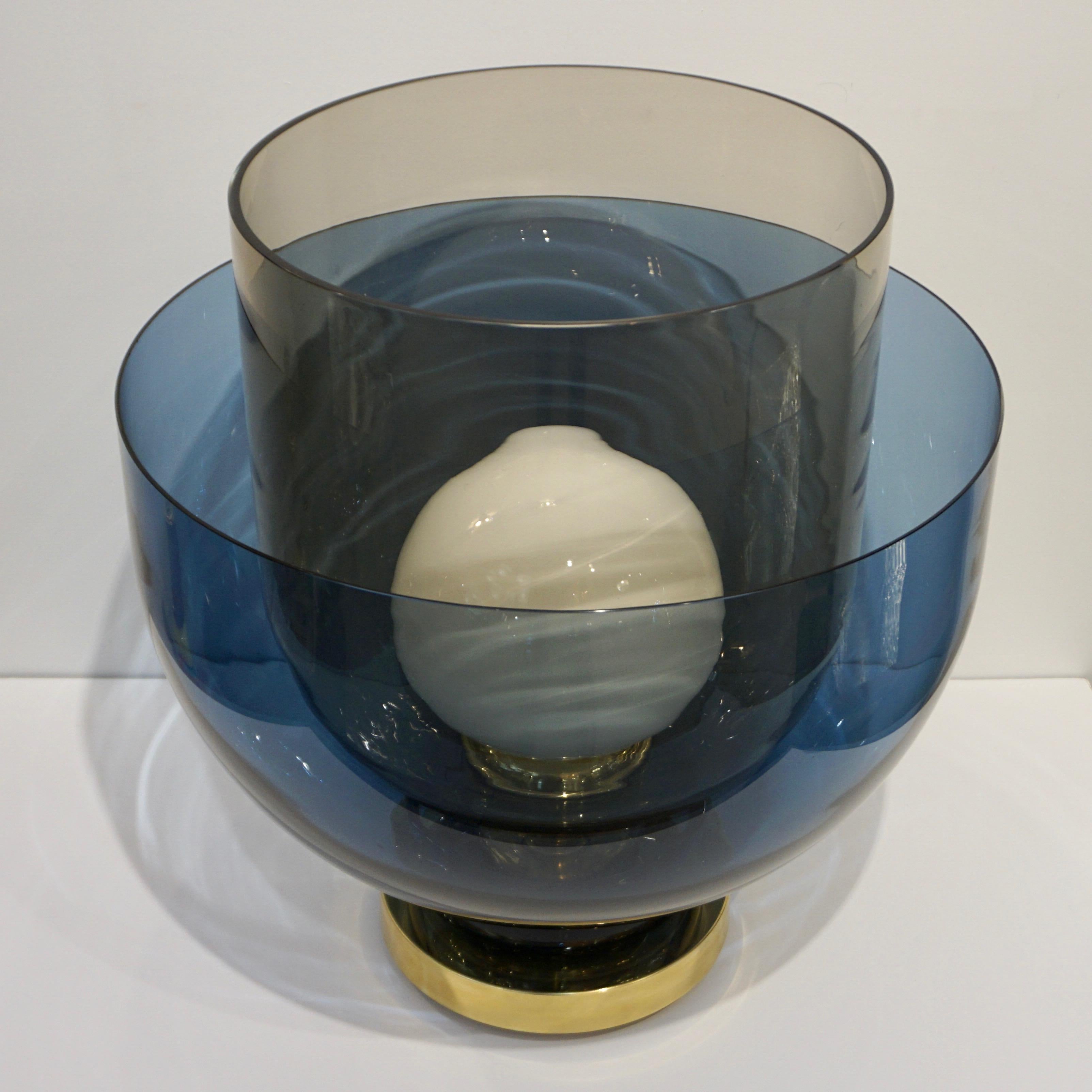 1980s Italian Monumental Blue Smoked Murano Glass Modern Round Lamp/Floor Lamp 1