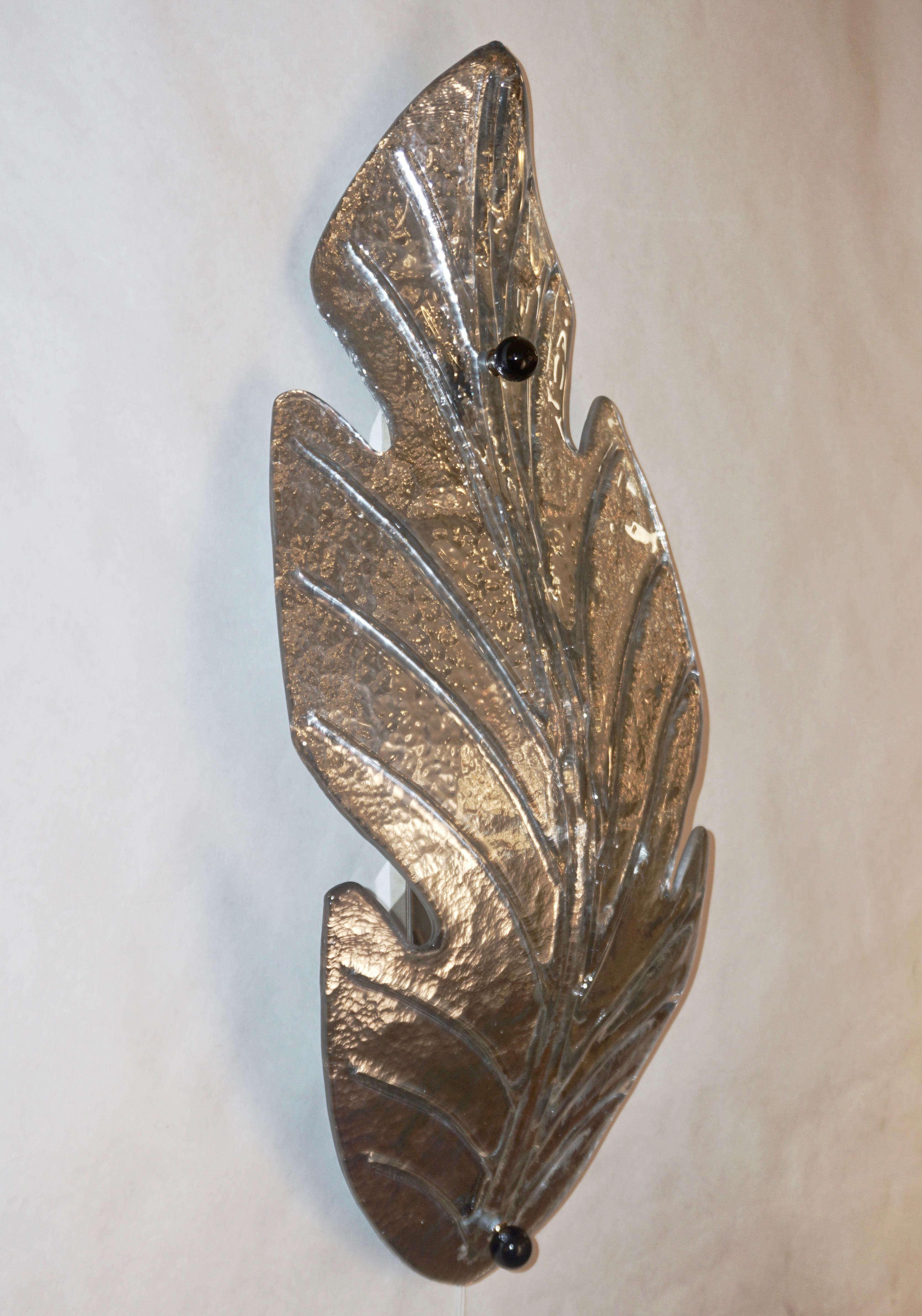 1980 Italian Vintage Nickel Pair of Tall Silver Color Murano Glass Leaf Sconces For Sale 3