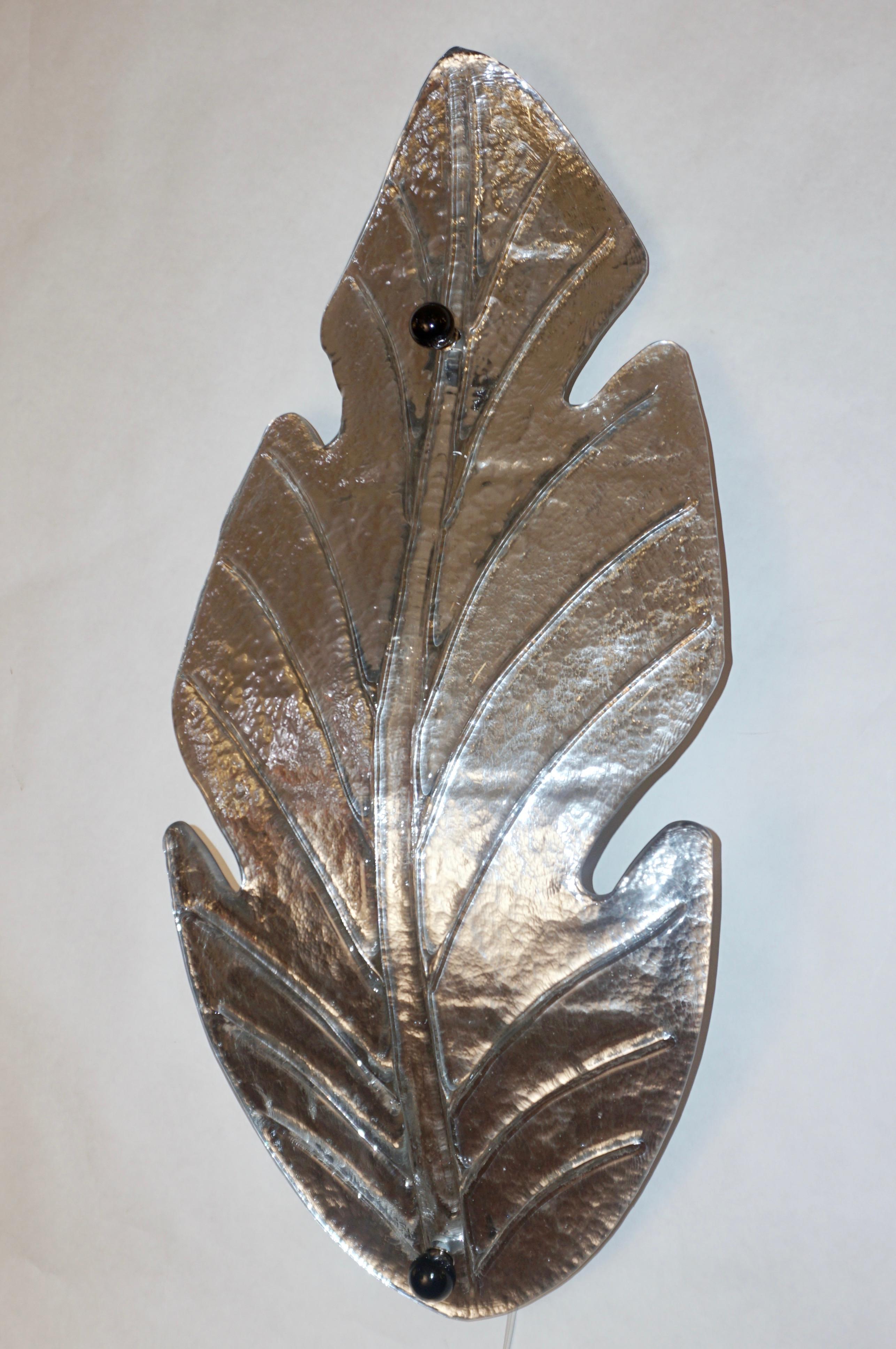 1980 Italian Vintage Nickel Pair of Tall Silver Color Murano Glass Leaf Sconces For Sale 5
