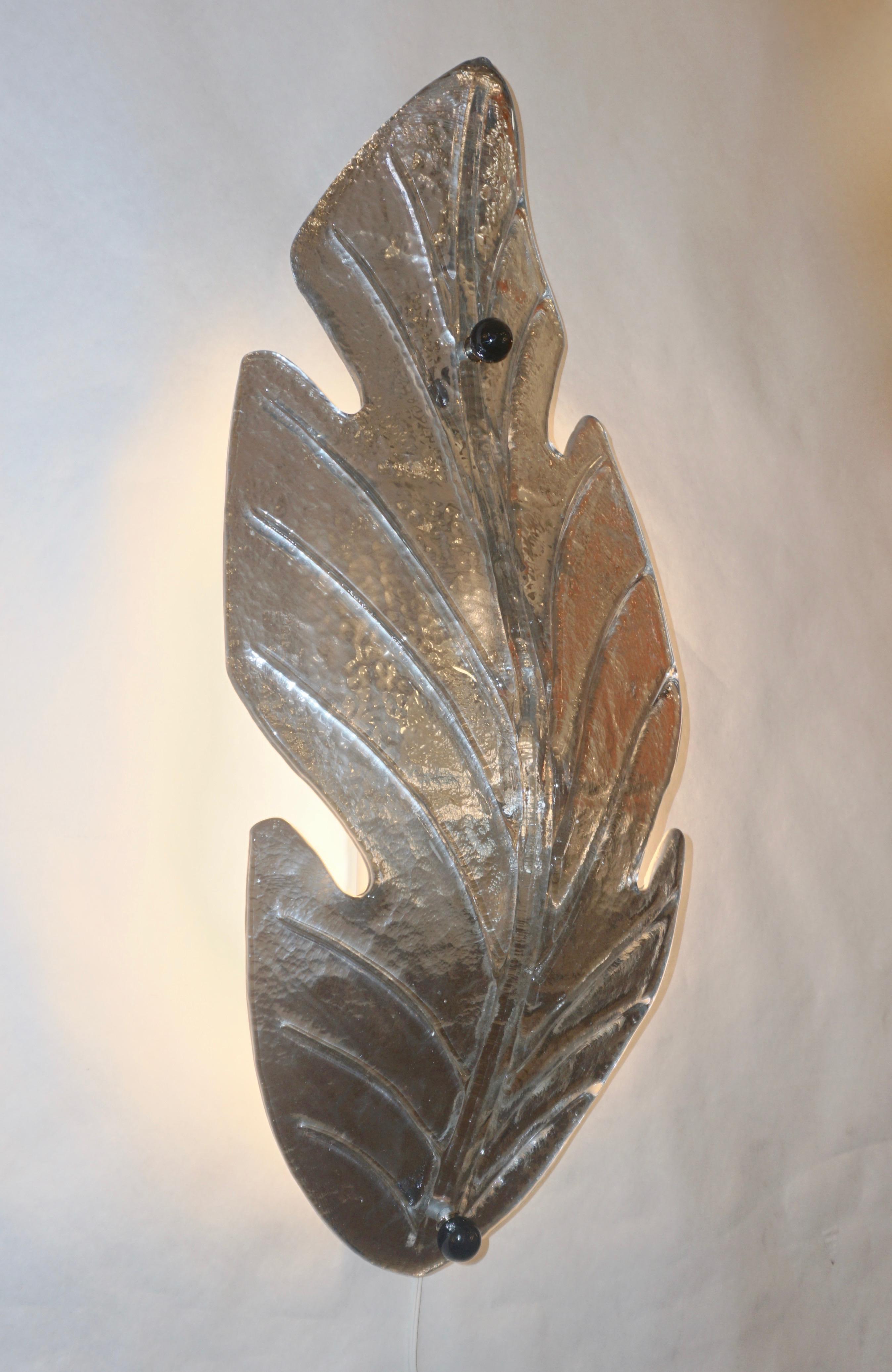 1980 Italian Vintage Nickel Pair of Tall Silver Color Murano Glass Leaf Sconces For Sale 6