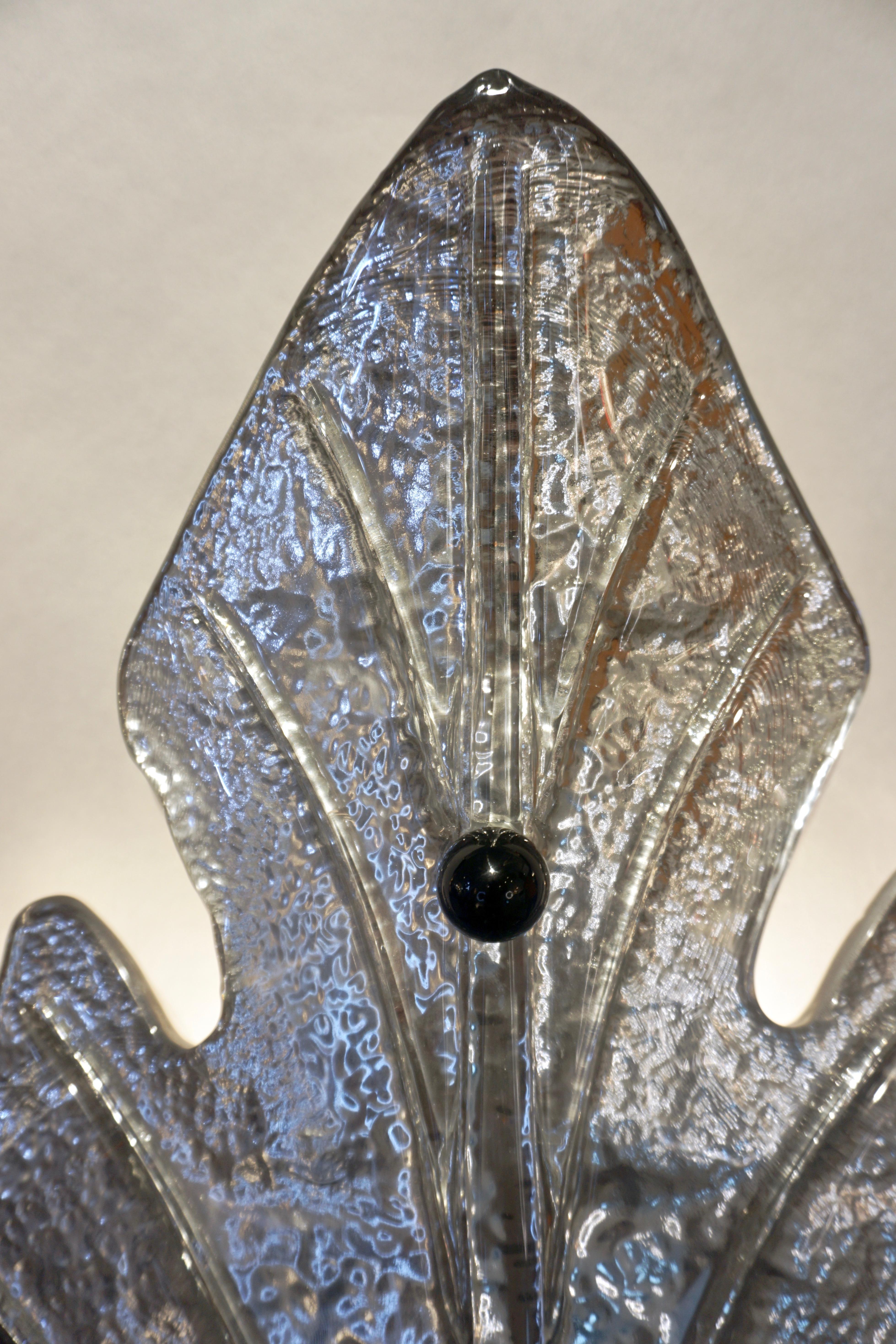 1980 Italian Vintage Nickel Pair of Tall Silver Color Murano Glass Leaf Sconces For Sale 7